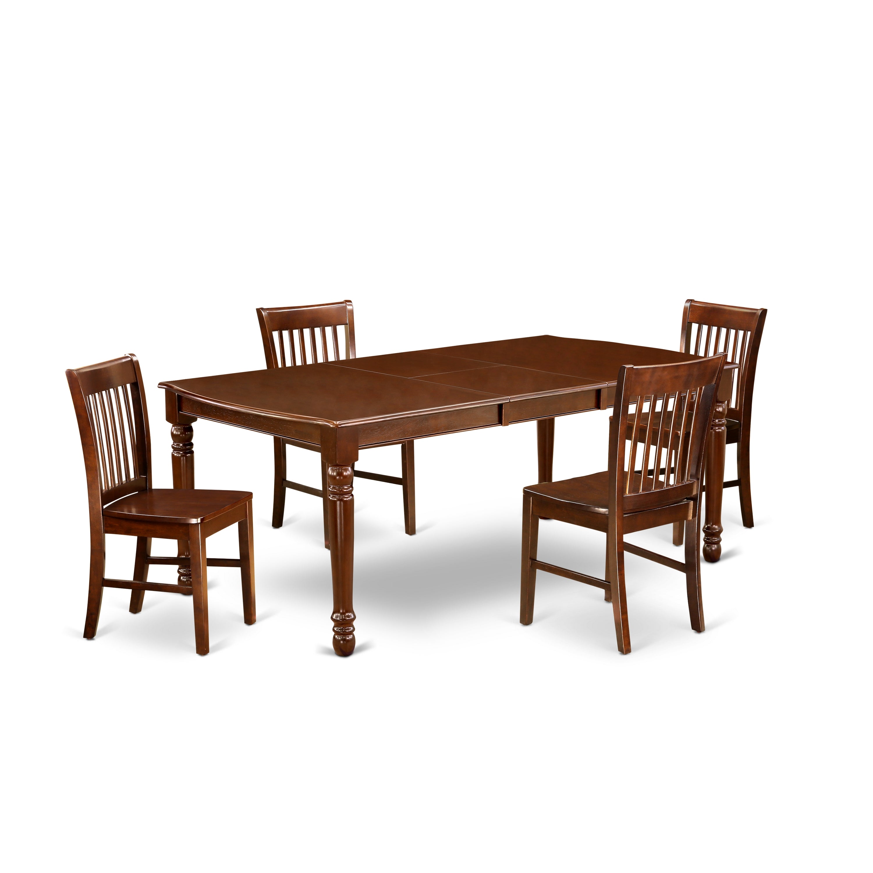 DONO5-MAH-W 5Pc Rectangular 60/78 Inch Dining Table With 18 In Self Storing Butterfly Leaf And Four Wood Seat Kitchen Chairs