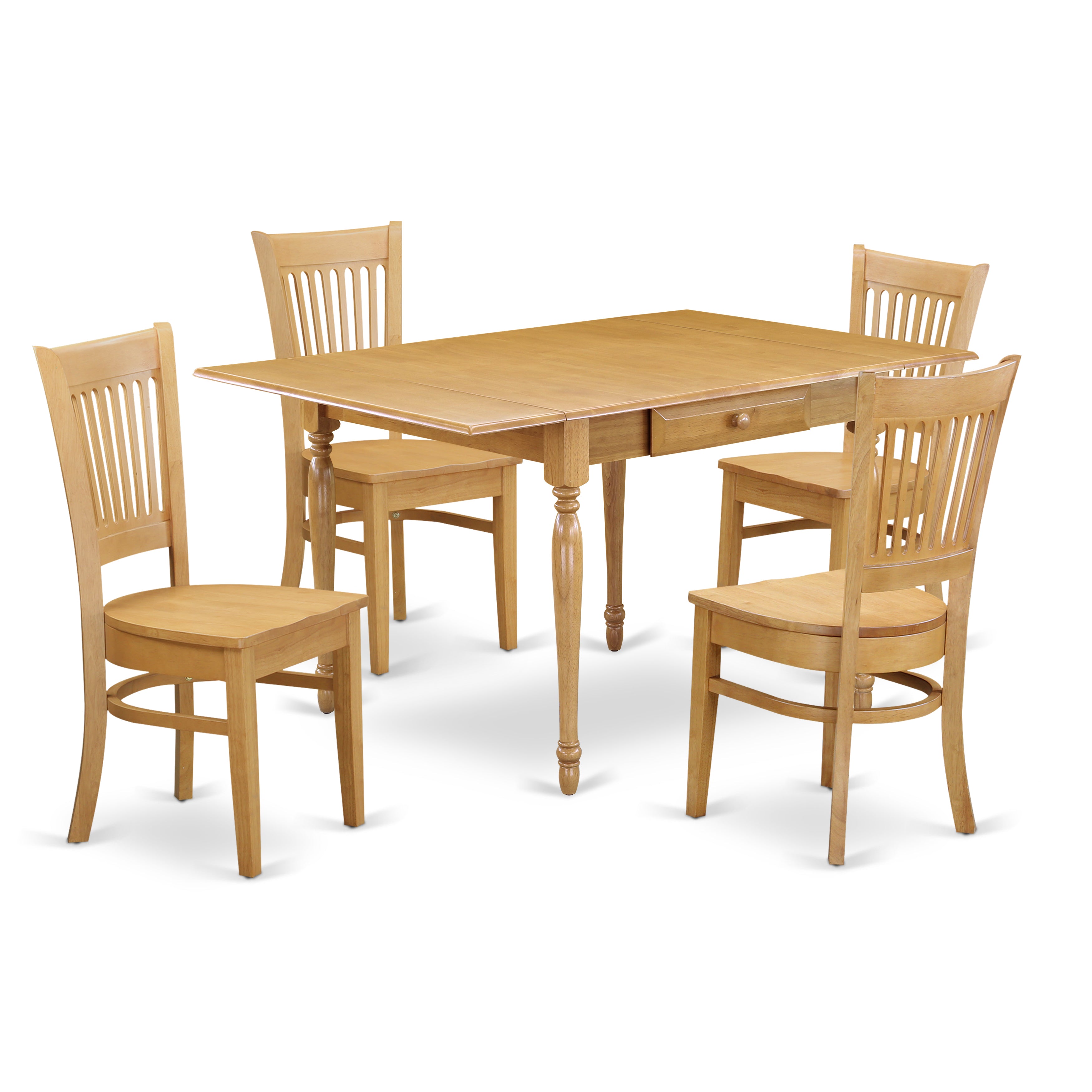 East West Furniture MZVA5-OAK-W 5 Pieces Wooden Dining Table set - Strong Drop Leaf Solid Wood Table and 4 Wooden Seat Dining Room Chairs, Oak Finish