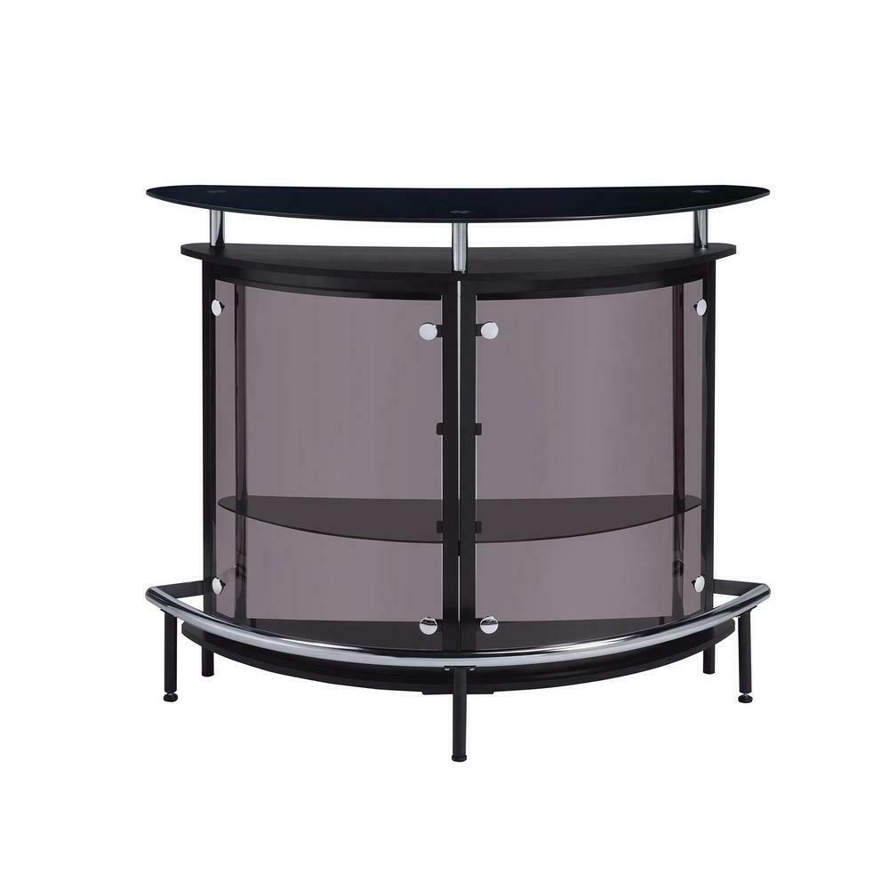 Modern Black Finish Curved Front Bar With Tempered Glass Shelves / Chrome Accent
