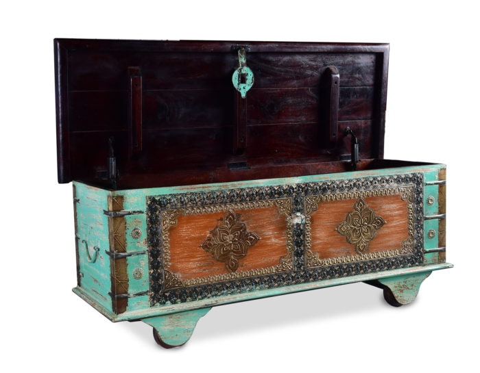 Alma Boho Style Multi Color Storage Trunk Coffee Table With Wheels