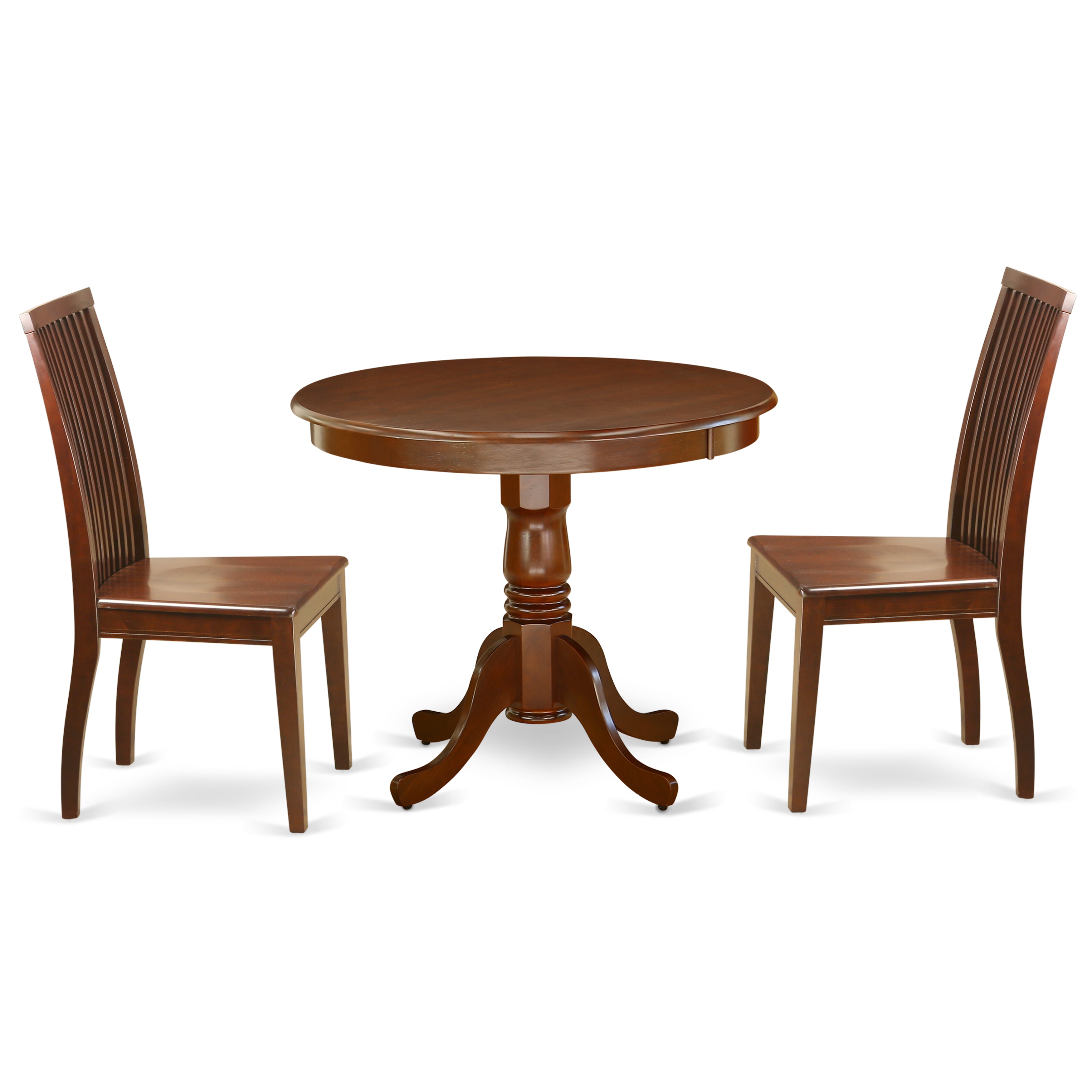 ANIP3-MAH-W 3Pc Rounded 36 Inch Table And Two Solid Wood Seat Dining Chairs