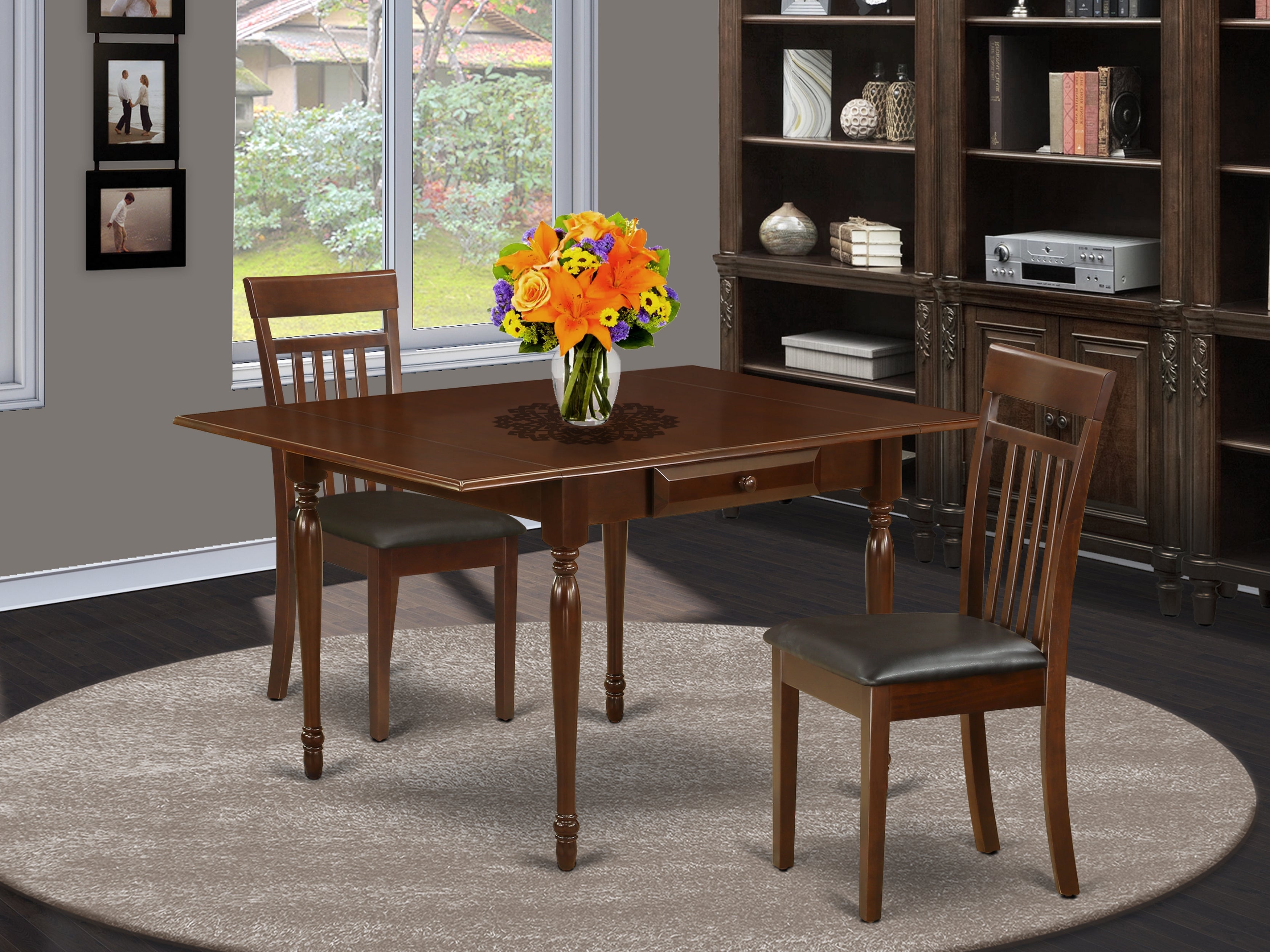 East West Furniture MZCA3-MAH-LC 3Pc Dining Table Set Consists of a Modern Dining Table and 2 Modern Dining Chairs with Faux Leather Seat, Drop Leaf Table with Slat Back Chairs, Mahogany Finish