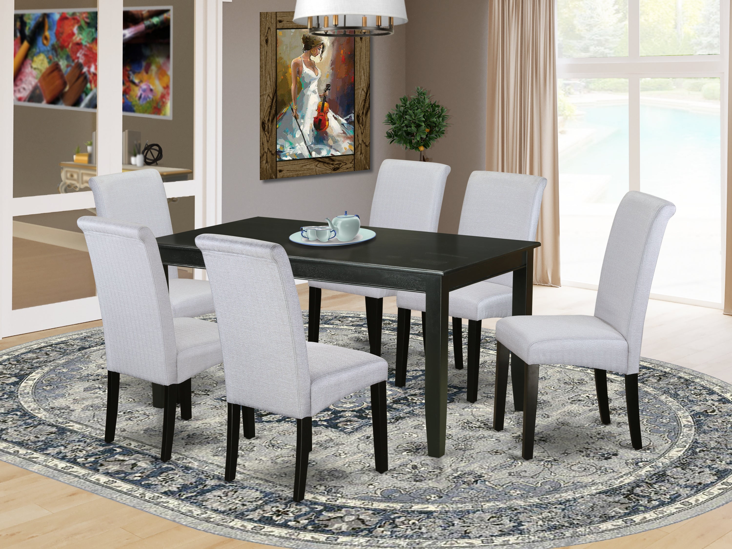 DUBA7-BLK-05 7Pc Dining table with linen grayish blue fabric Parson chairs with black chair legs