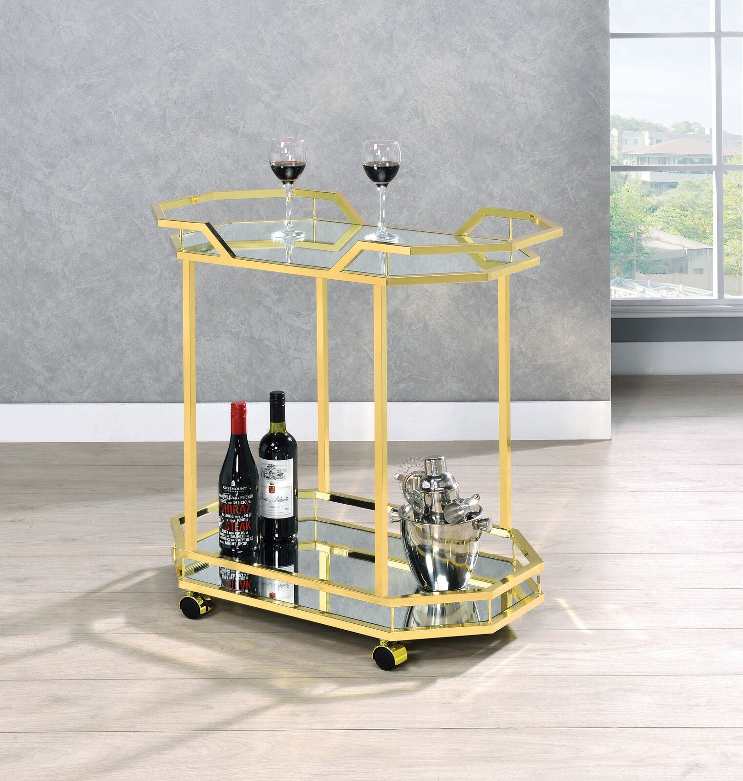 Modern 2-Tier Mirrored Serving Cart In Brass