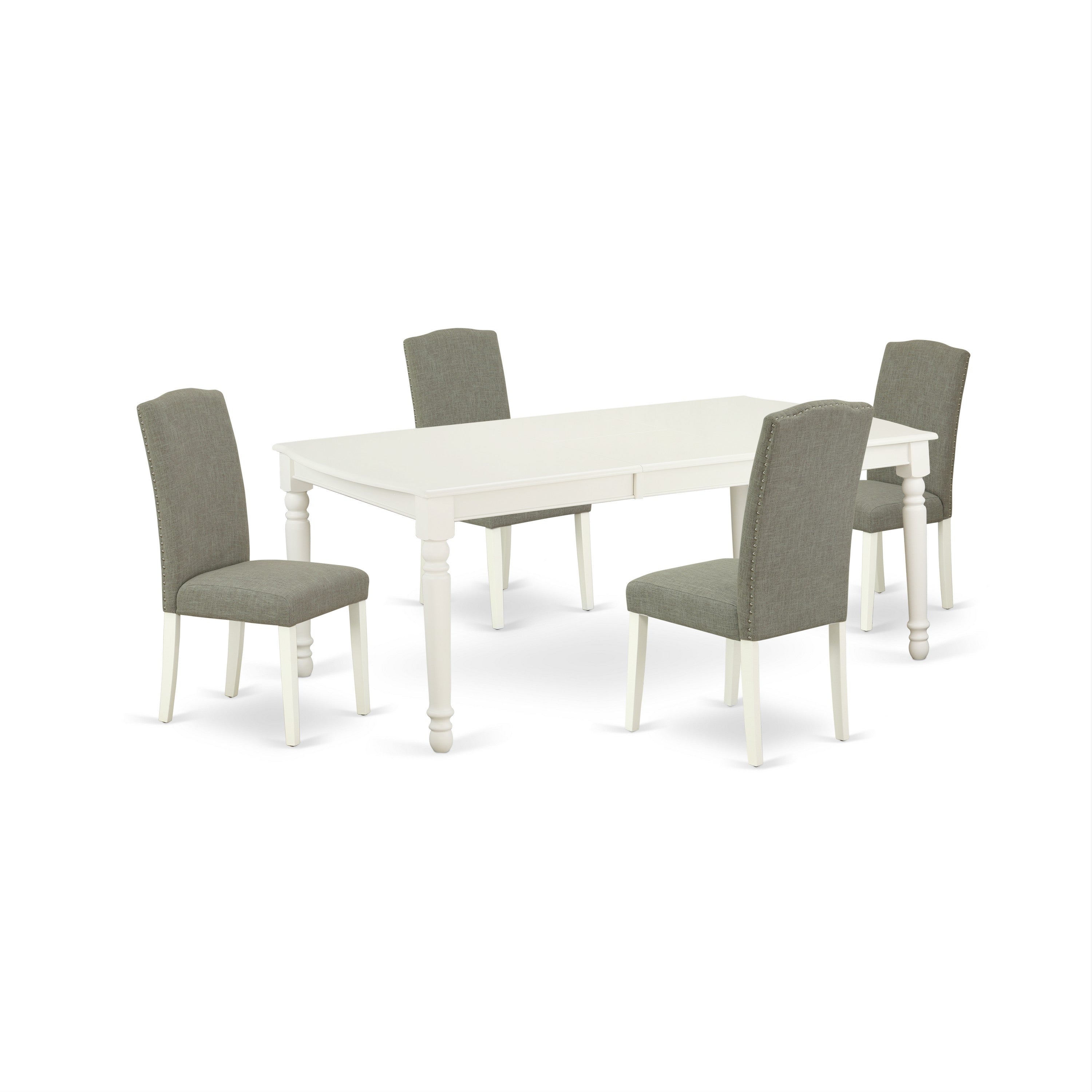 DOEN5-LWH-06 5Pc Rectangular 60/78" Table With 18 In Leaf And Four Parson Chair With Linen White Leg And Linen Fabric Dark Shitake
