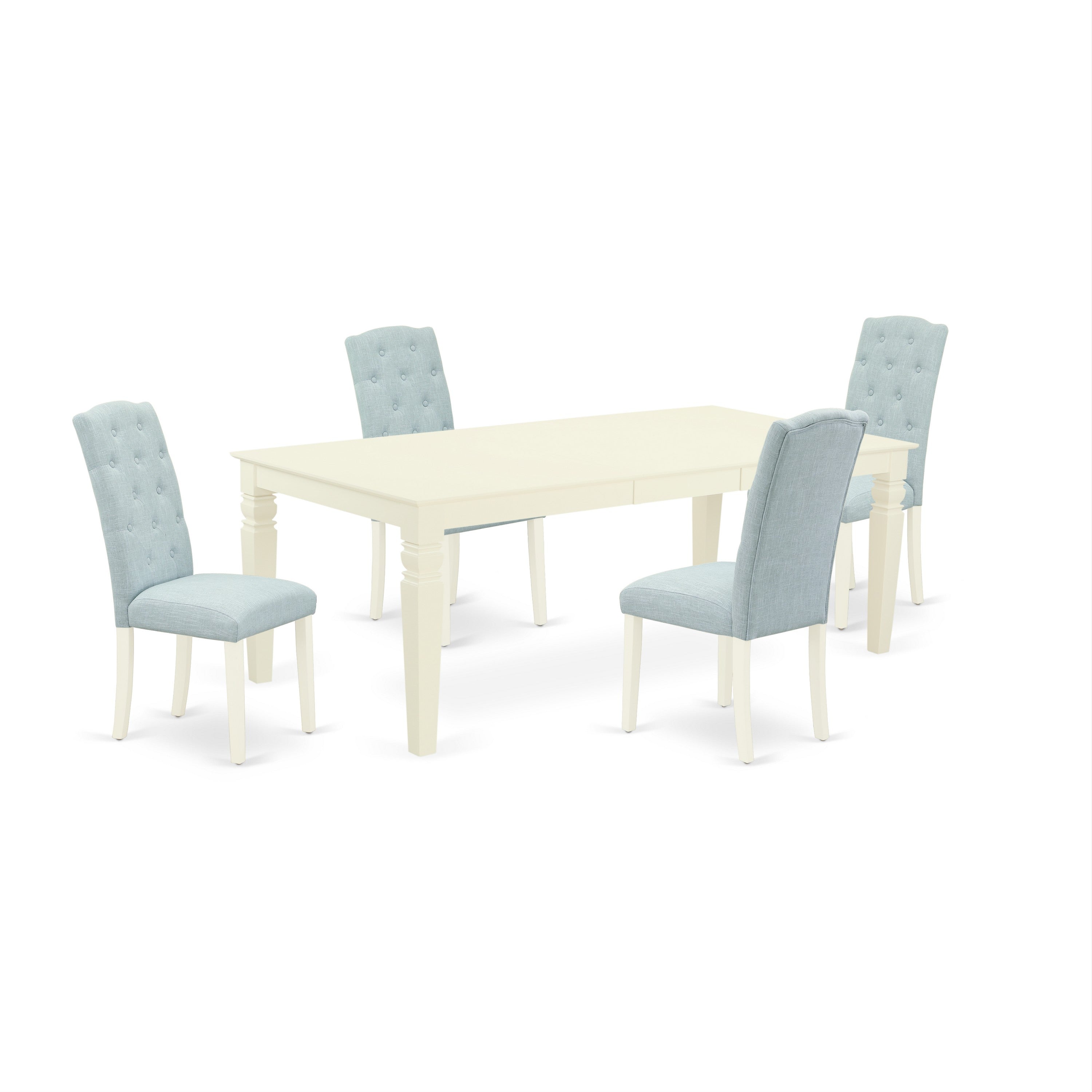 LGCE5-LWH-15 5Pc Dining Set Includes a Rectangle Dining Table with Butterfly Leaf and Four Parson Chairs with Baby Blue Fabric, Linen White Finish