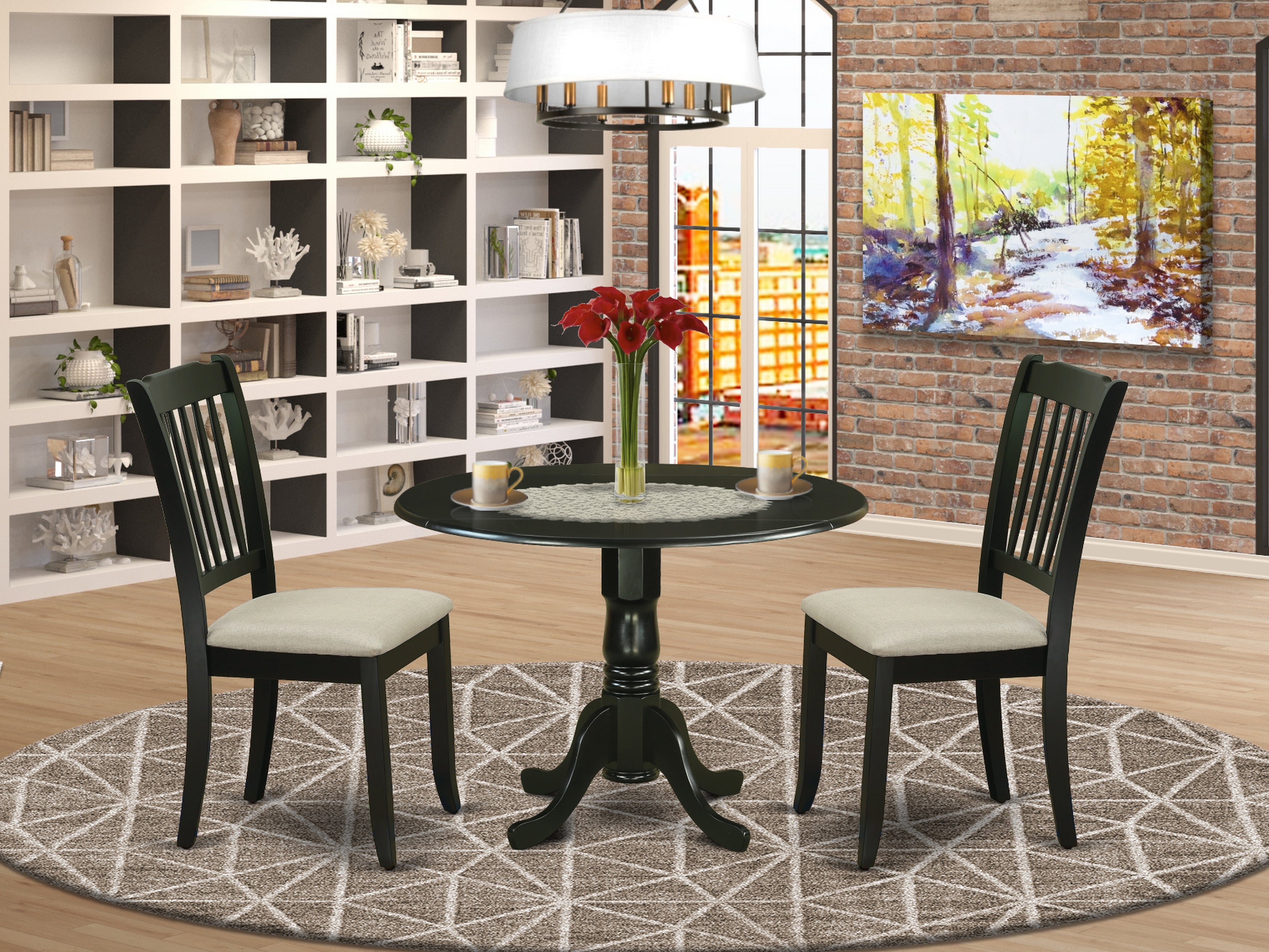 DLDA3-BLK-C 3Pc Dinette Set Includes a Rounded Kitchen Table with Drop Leaves and Two Vertical Slatted Microfiber Seat Dining Chairs, Black Finish