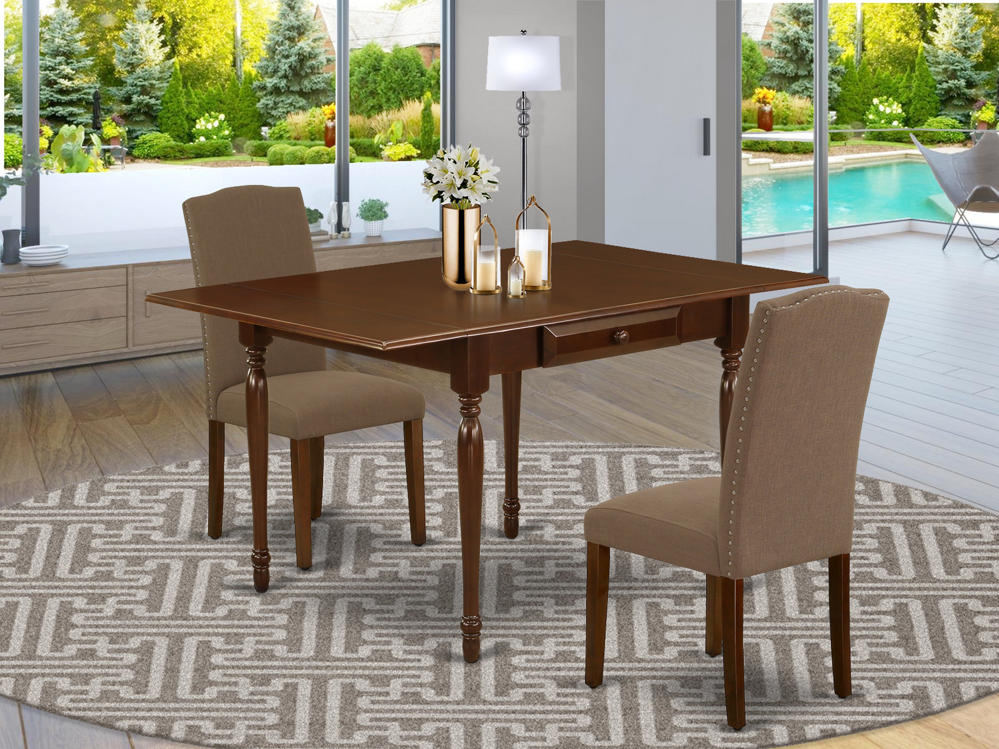 East West Furniture MZEN3-MAH-18 3Pc Dinette Sets for Small Spaces Contains a Modern Dining Table and 2 Parson Dining Chairs with Coffee Color Linen Fabric, Drop Leaf Table with Full Back Chairs, Mahogany Finish