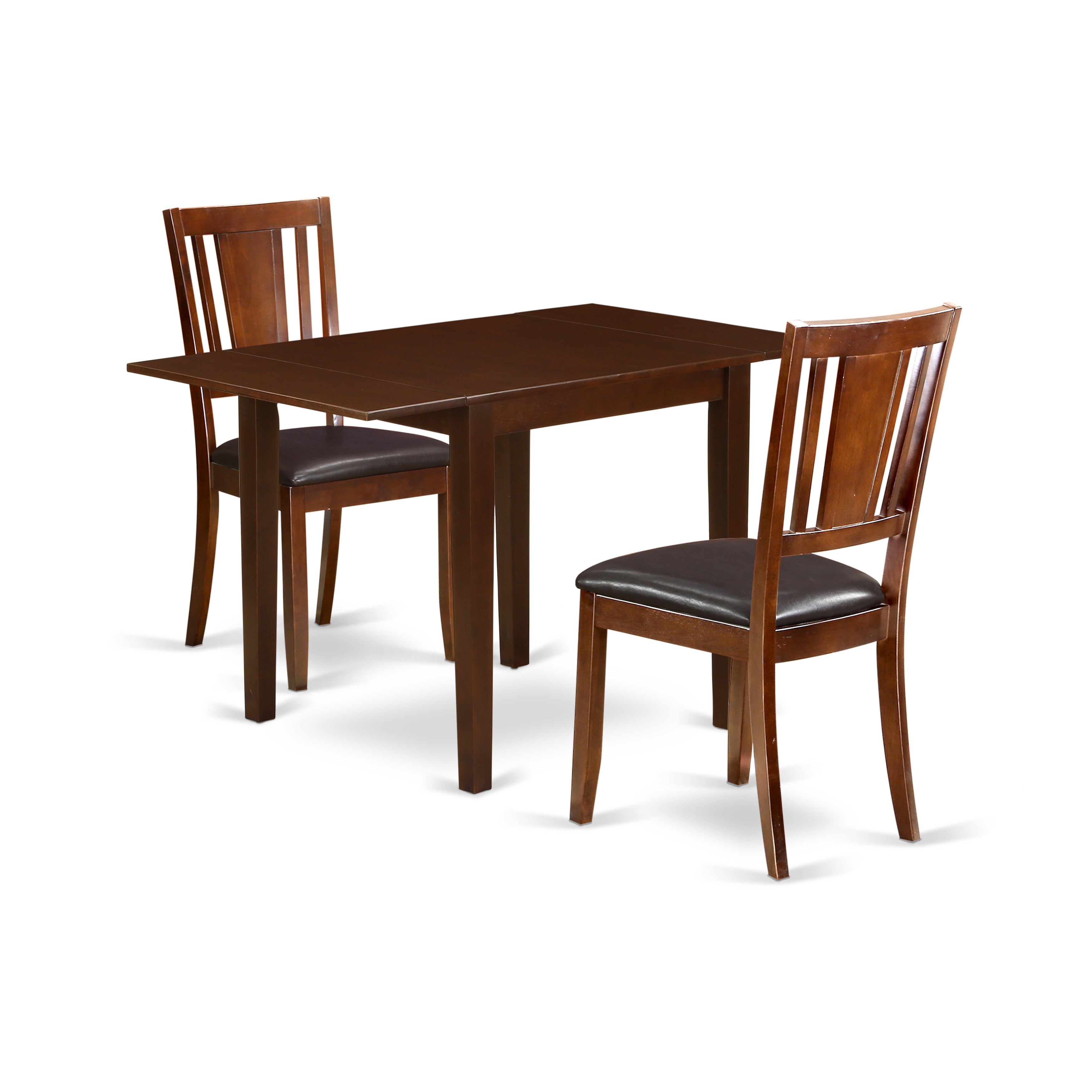 East West Furniture NDDU3-MAH-LC Dining Set for 3- Two Marvelous Wooden Dining Room Chairs - a Fantastic Wood Dining Table - Chocolate Brown Color Faux Leather - Mahogany Finish Solid wood Structure