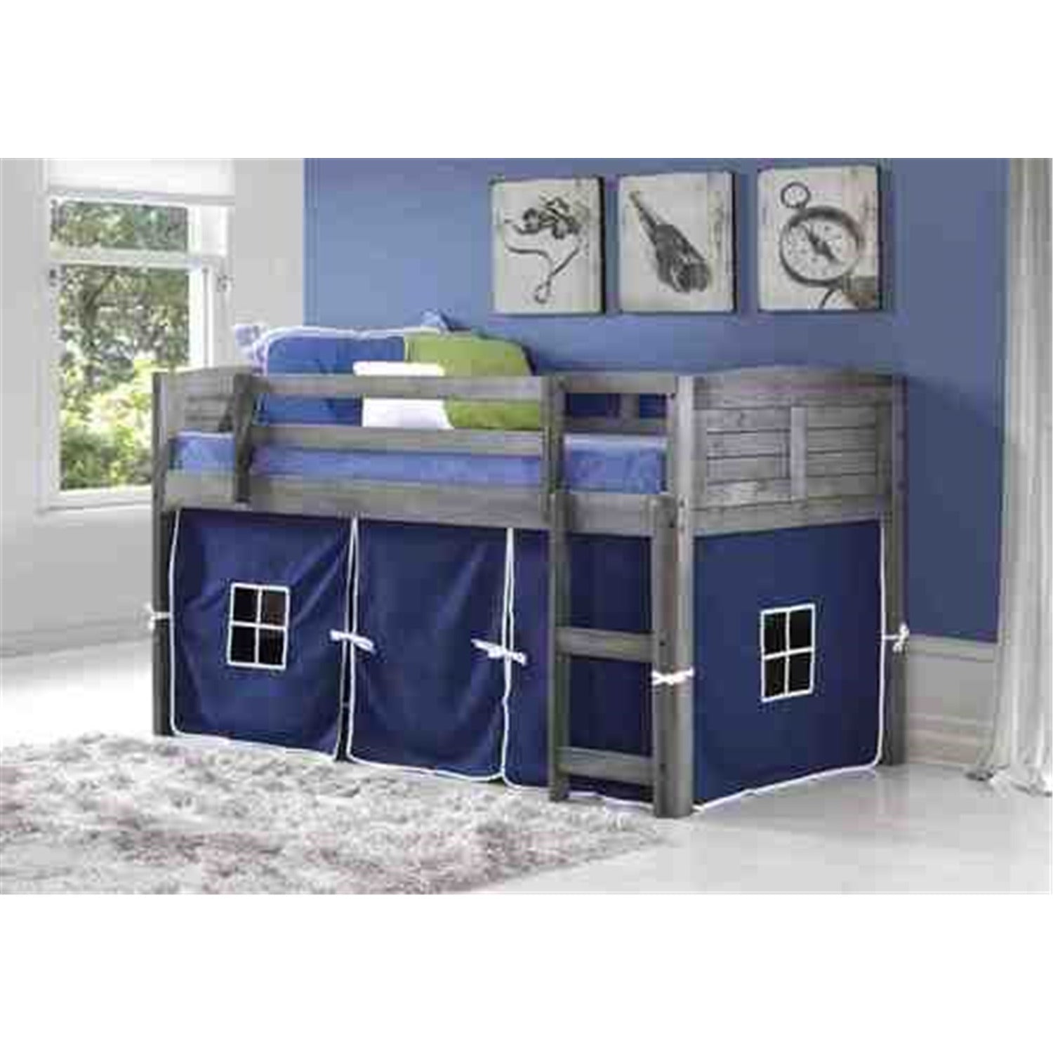 Donco Kids Louver Low Twin Loft Bed-Color:Antique Grey,Tent:Blue Tent