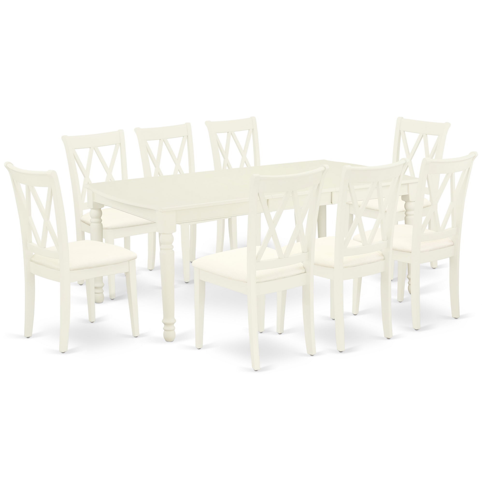 DOCL9-LWH-C 9Pc Dining Set Includes a Rectangle Dinette Table with Butterfly Leaf and Eight Double X Back Microfiber Seat Kitchen Chairs, Linen White Finish