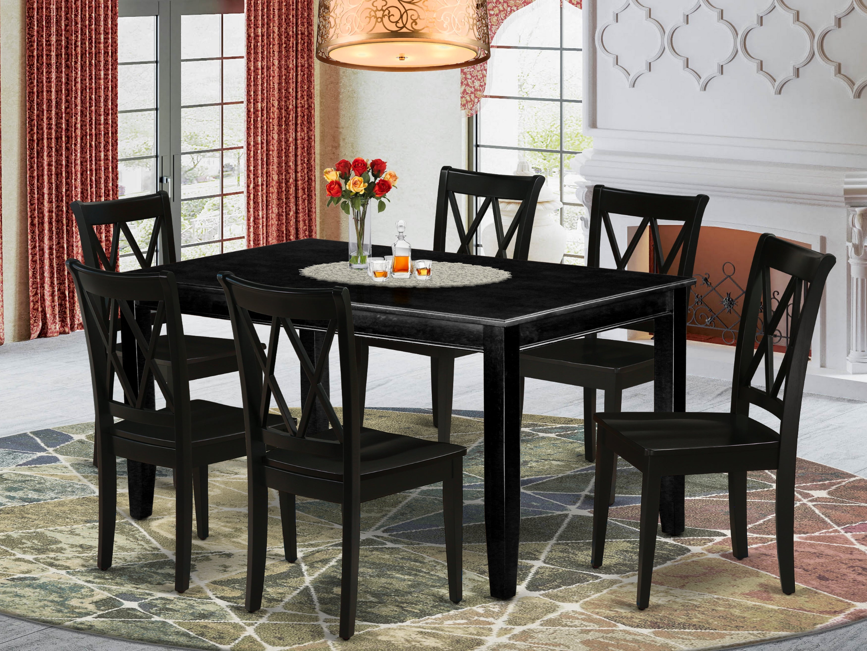 DUCL7-BLK-W 7Pc Rectangular 60 Inch Kitchen Table And Six Wood Seat Dining Chairs