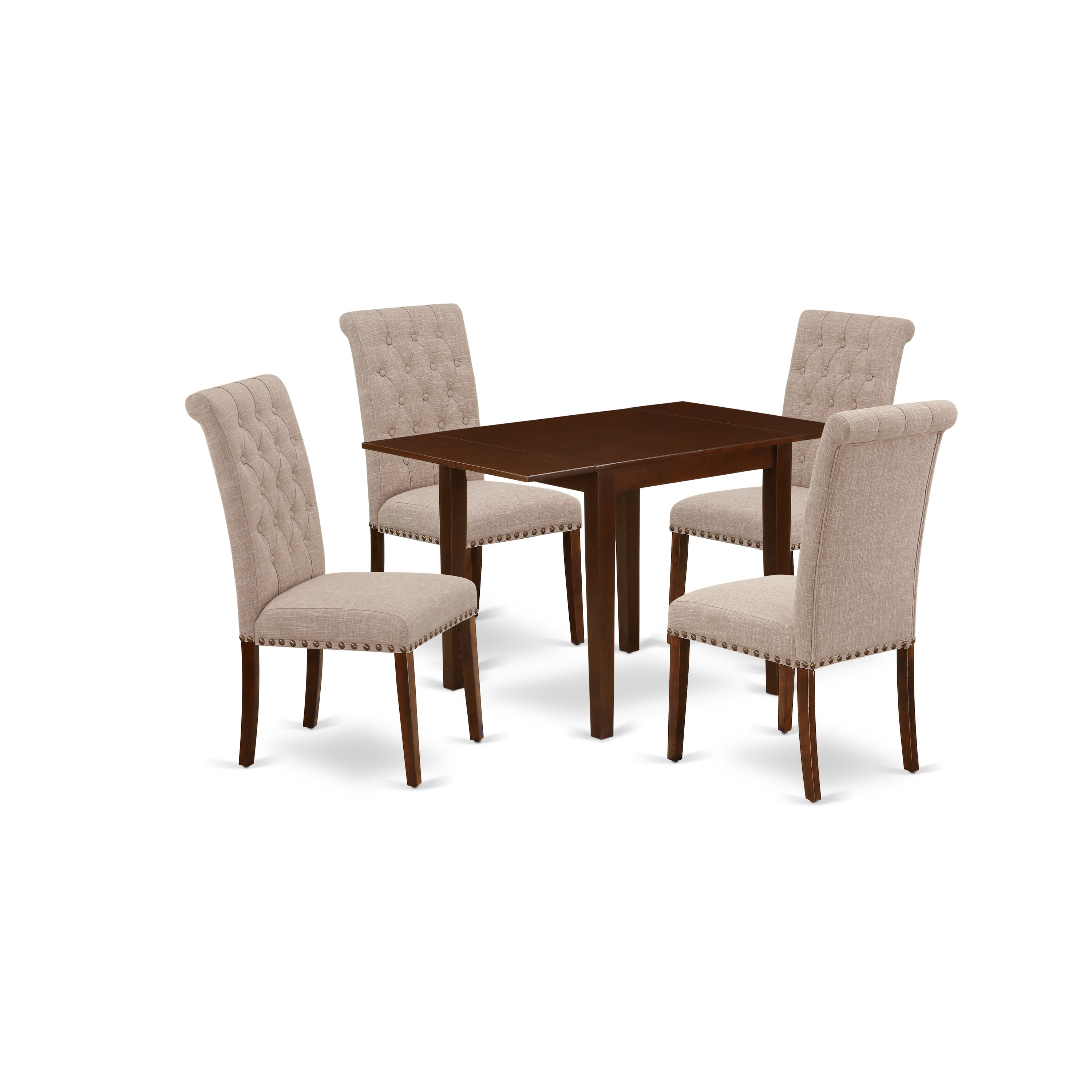 East West Furniture NDBR5-MAH-04 Dinette Set 5 Pc – Four Kitchen Chairs and a Dining Room Table - Mahogany Finish Wood - Light Fawn Color Linen Fabric