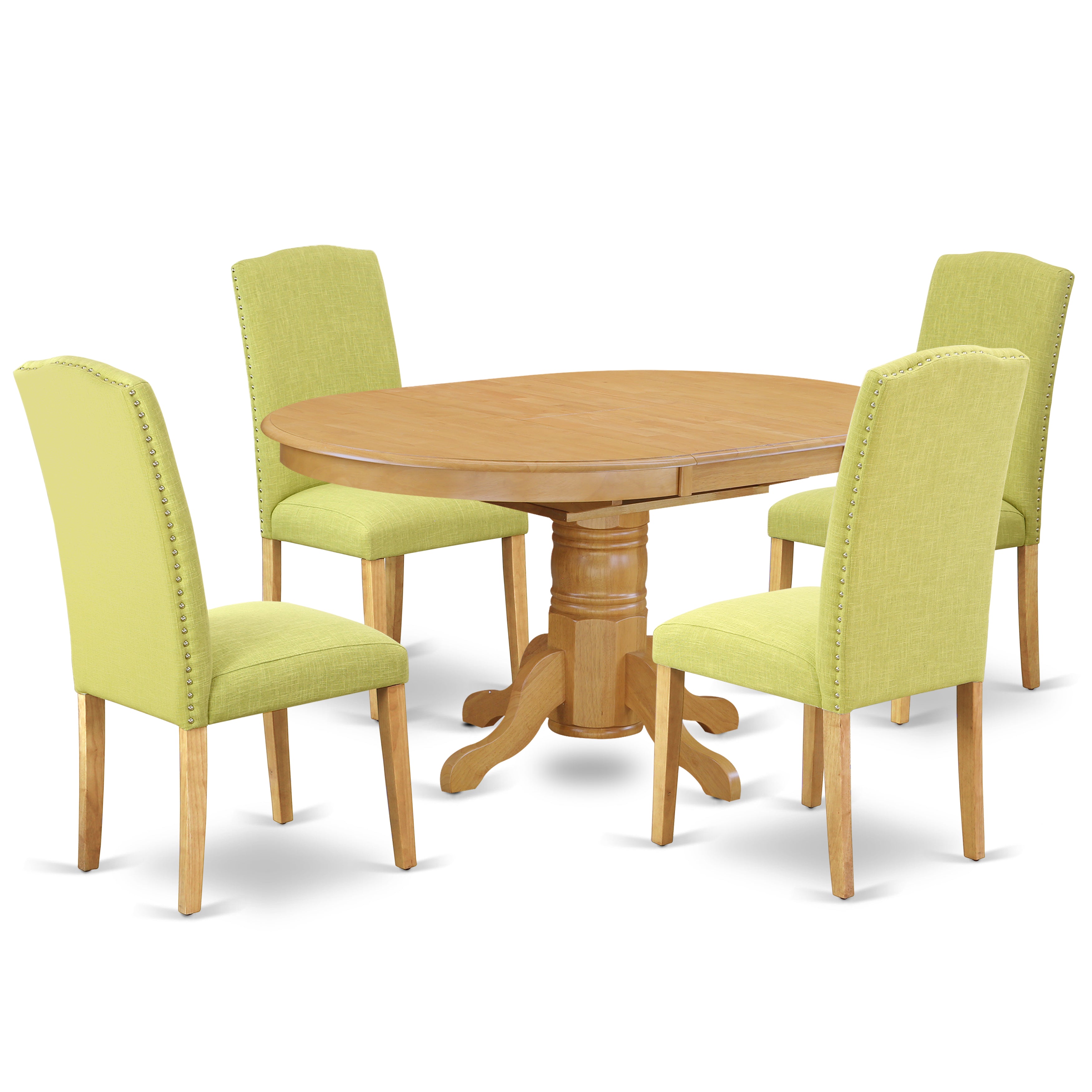 AVEN5-OAK-07 5Pc Oval 42/60" Table With 18 In Self Storing Butterfly Leaf And 4 Parson Chair With Oak Leg And Linen Fabric Limelight