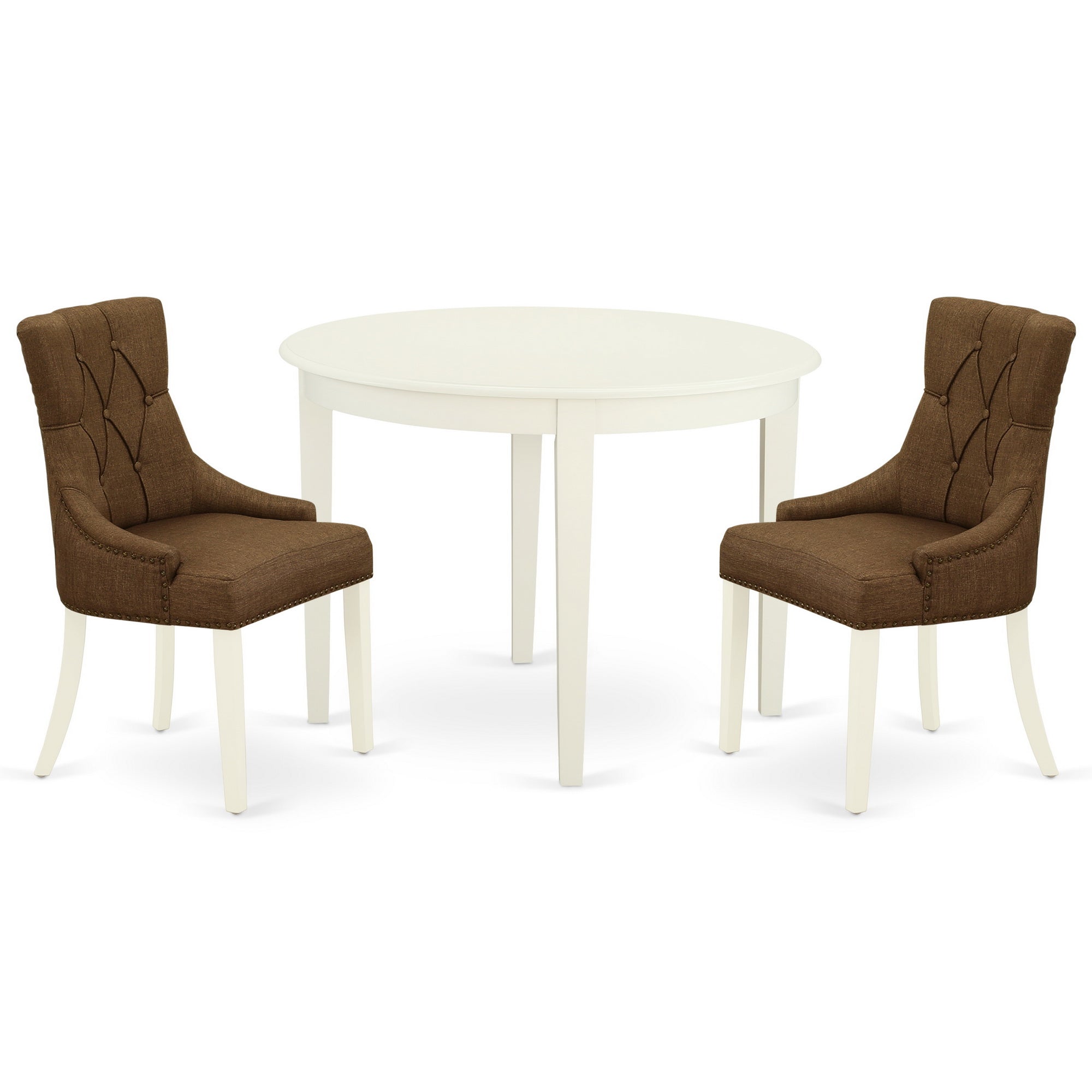 BOFR3-WHI-18 3Pc Dinette Set Includes a Small Rounded Kitchen Table and Two Parson Chairs with Dark Coffee Fabric, White Finish