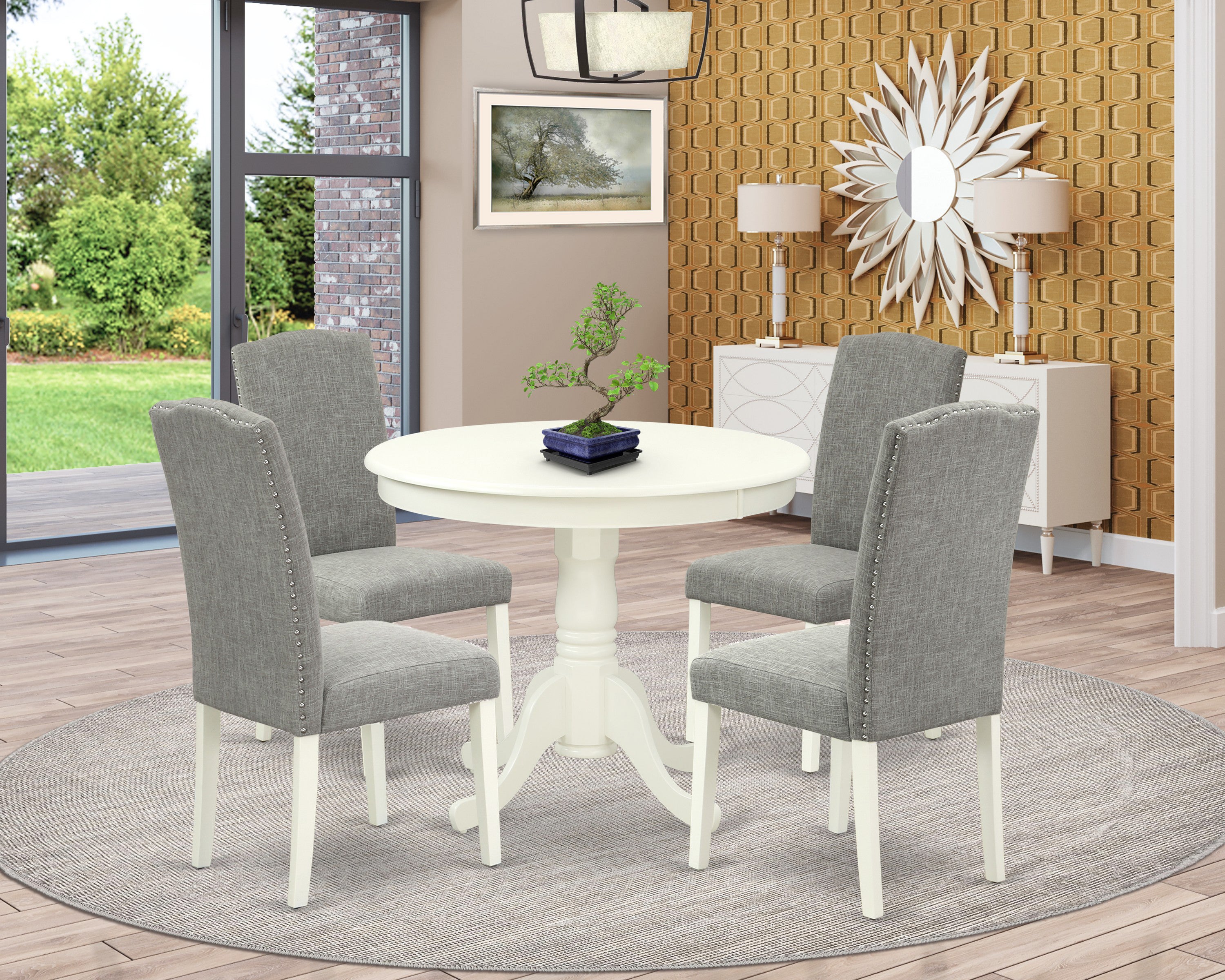 ANEN5-LWH-06 5Pc Round 36" Table And 4 Parson Chair With Linen White Leg And Linen Fabric Dark Shitake