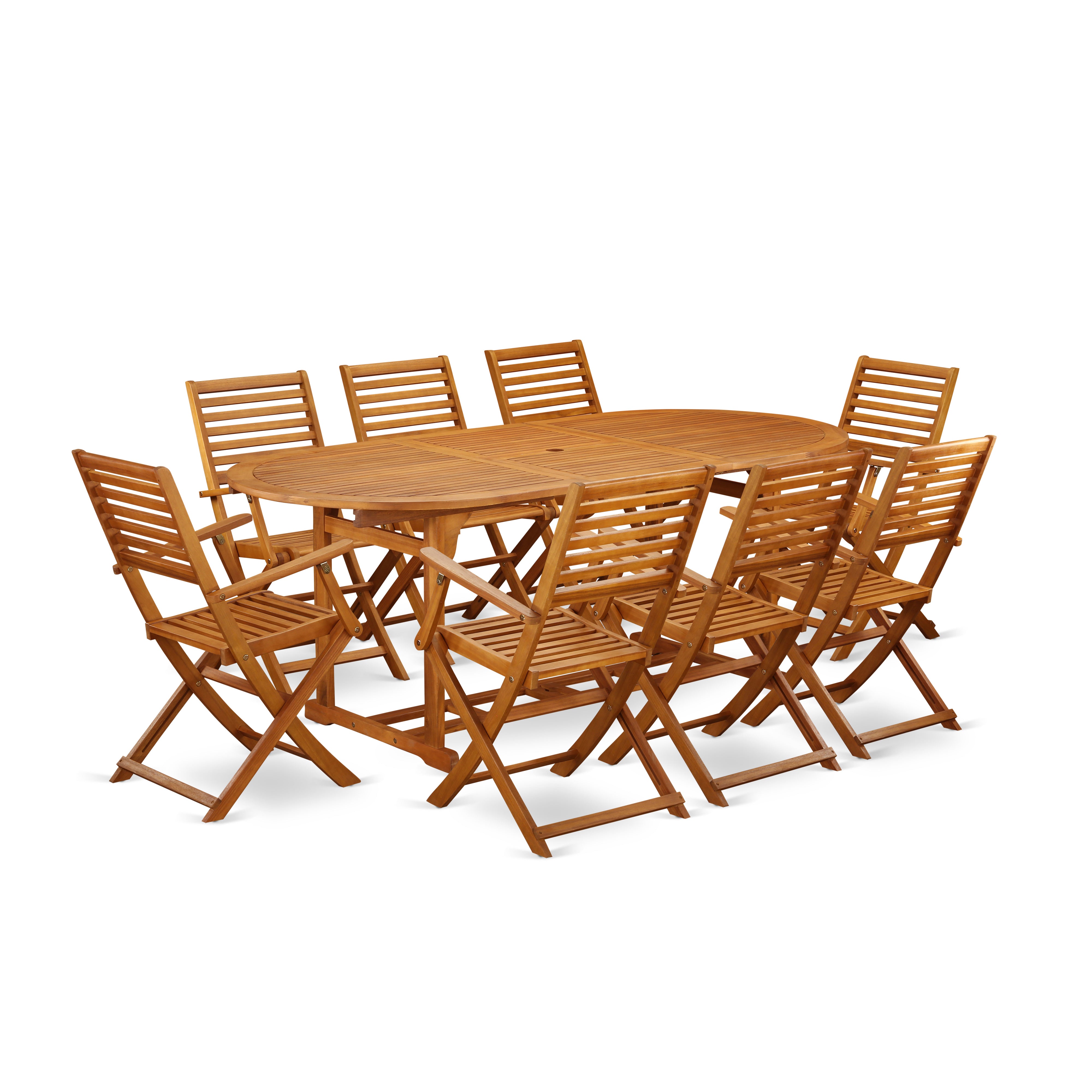 BSBS9CANA This 9 Pc Acacia Solid wood Outside patio Sets provides you an Outdoor-Furniture table and Eight foldable Outdoor-Furniture chairs