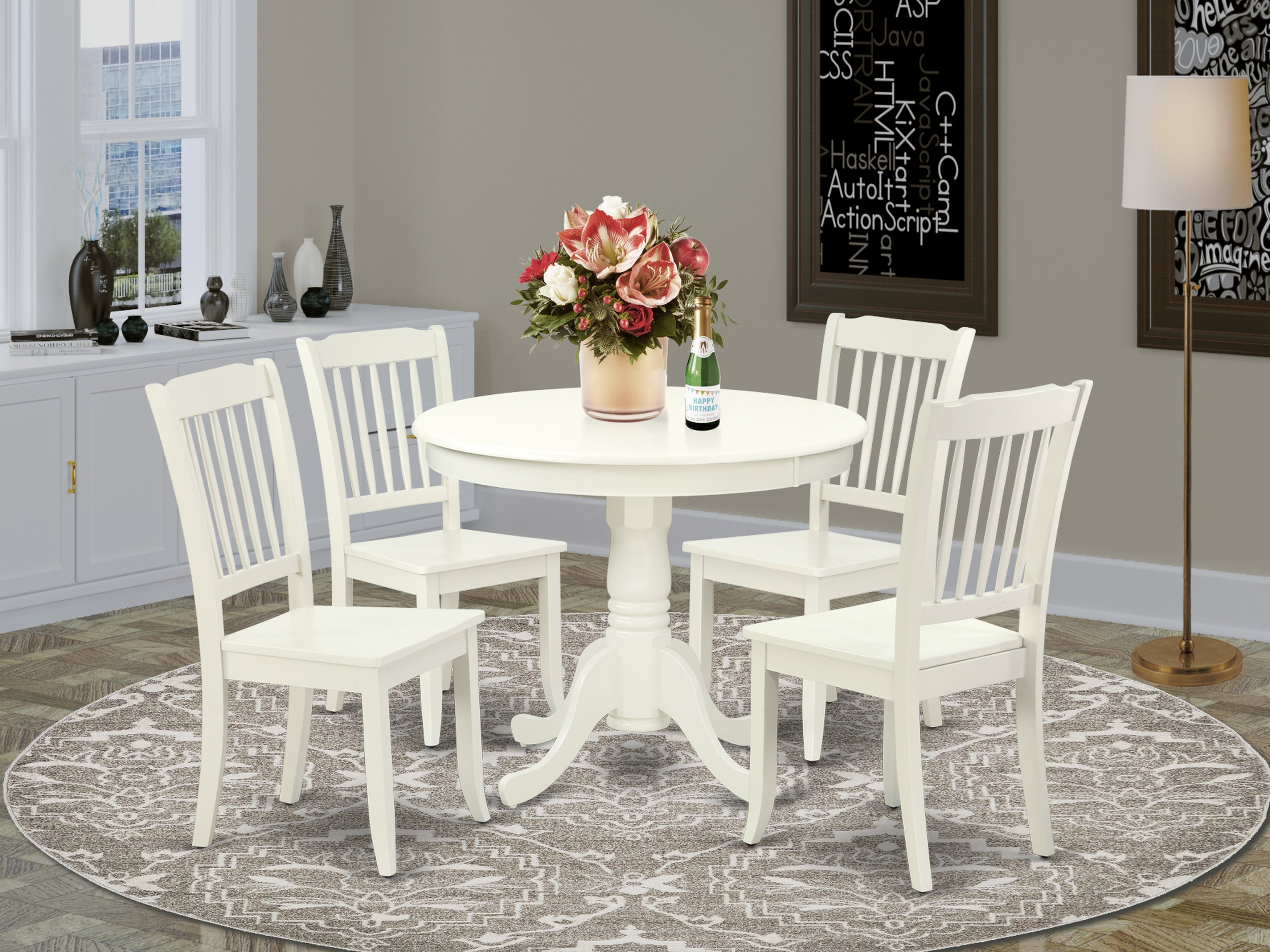 ANDA5-LWH-W 5PC Round 36 inch Table and 4 vertical slatted Chairs