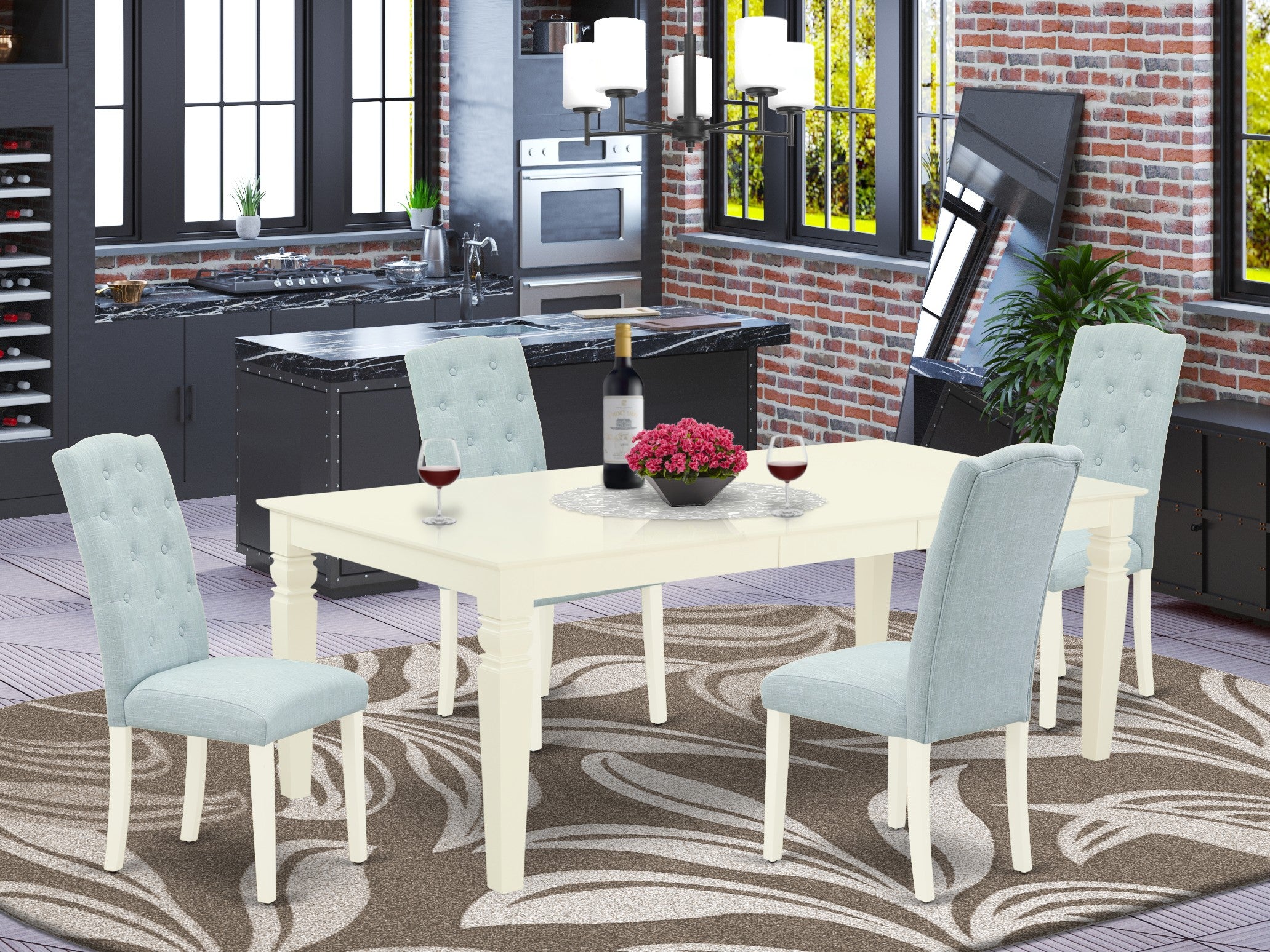LGCE5-LWH-15 5Pc Dining Set Includes a Rectangle Dining Table with Butterfly Leaf and Four Parson Chairs with Baby Blue Fabric, Linen White Finish