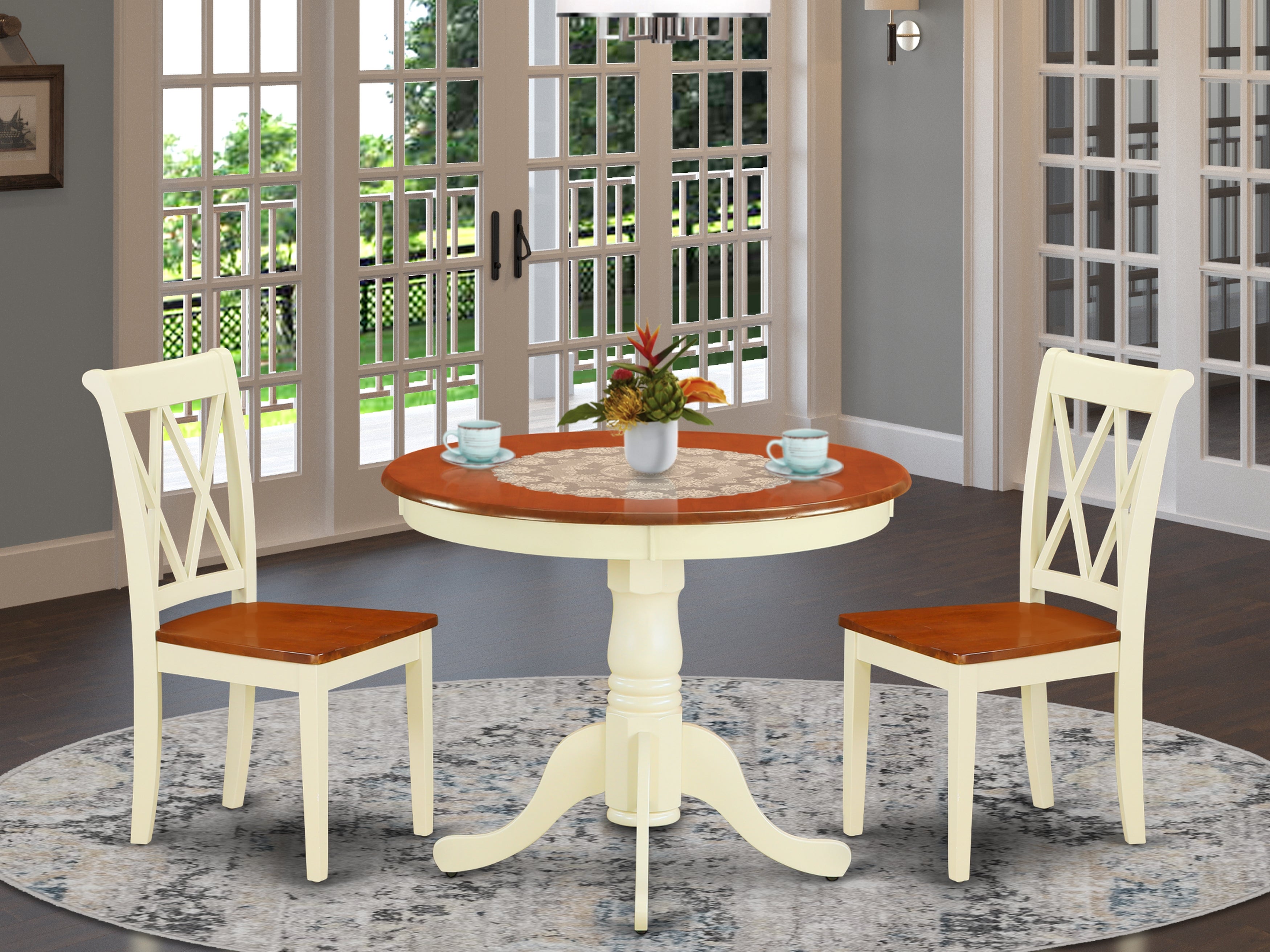 ANCL3-BMK-W 3PC Round 36 inch Table and 2 Double X back Chairs