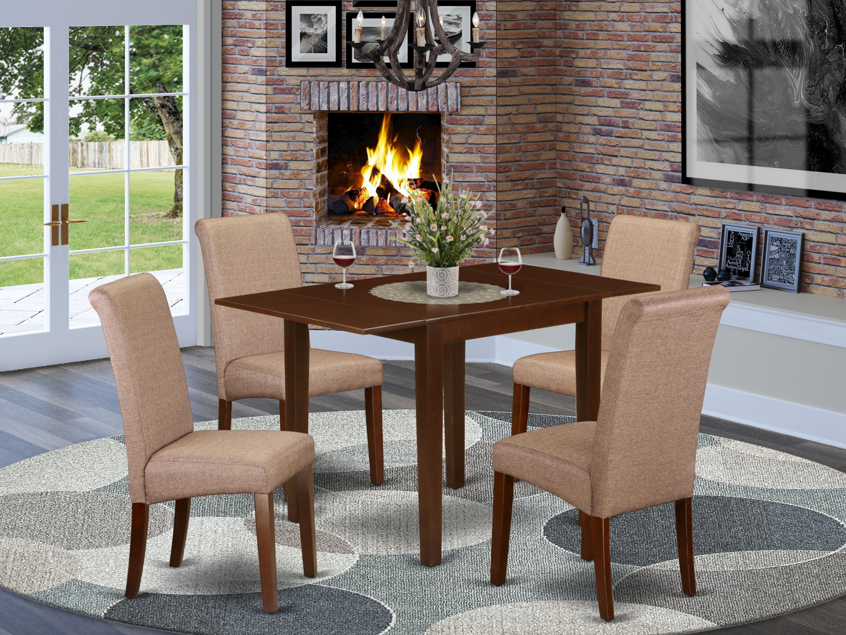 East West Furniture NDBA5-MAH-18 Dining Set 5 Pc - 4 Dining Room Chairs and a Dining Room Table - Mahogany Finish Solid wood - Brown Color Linen Fabric