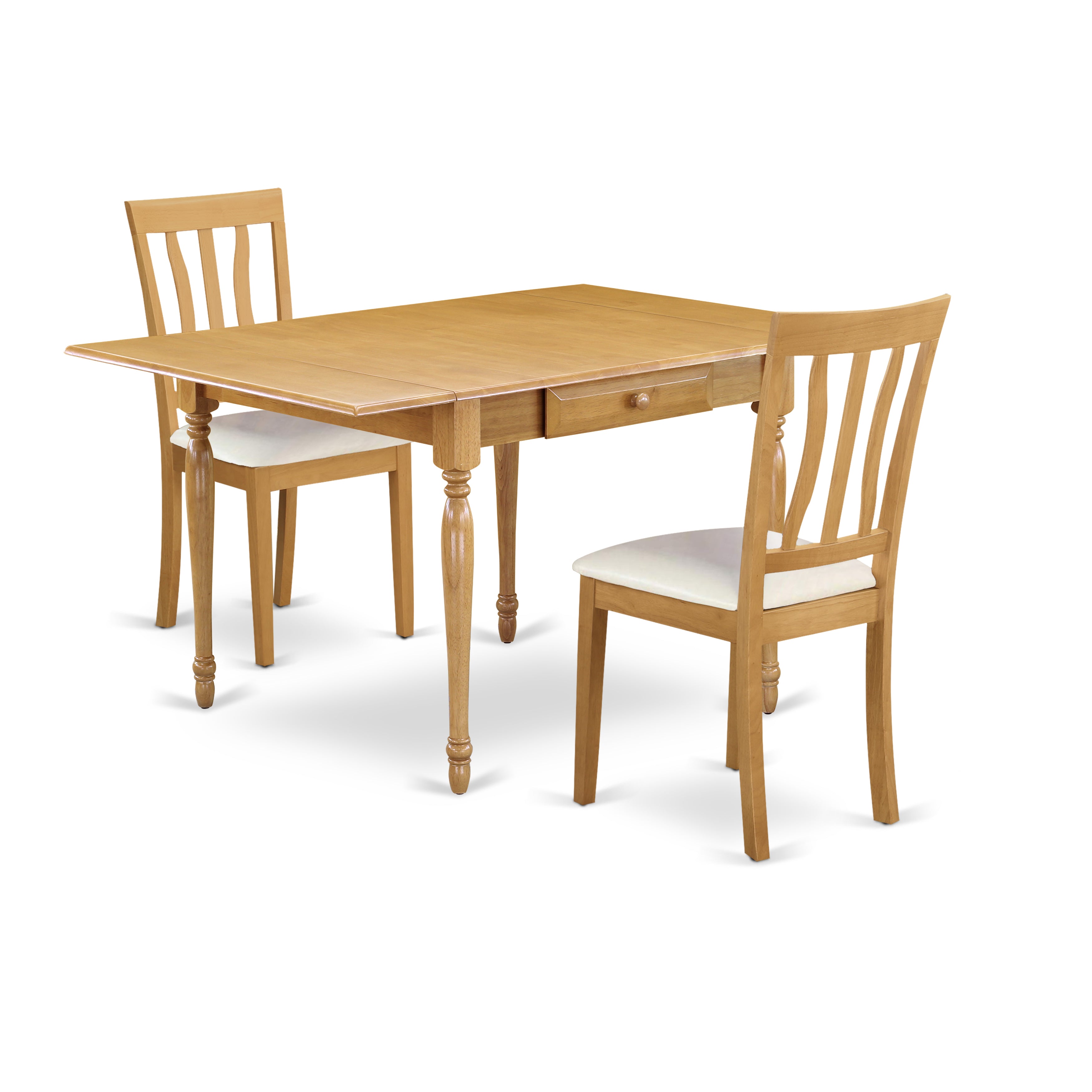 East West Furniture MZAN3-OAK-LC 3Pc Dining Table Set for 2 Consists of a Dinette Table and 2 Wooden Dining Chairs with Faux Leather Seat, Drop Leaf Table with Slat Back Chairs, Oak Finish