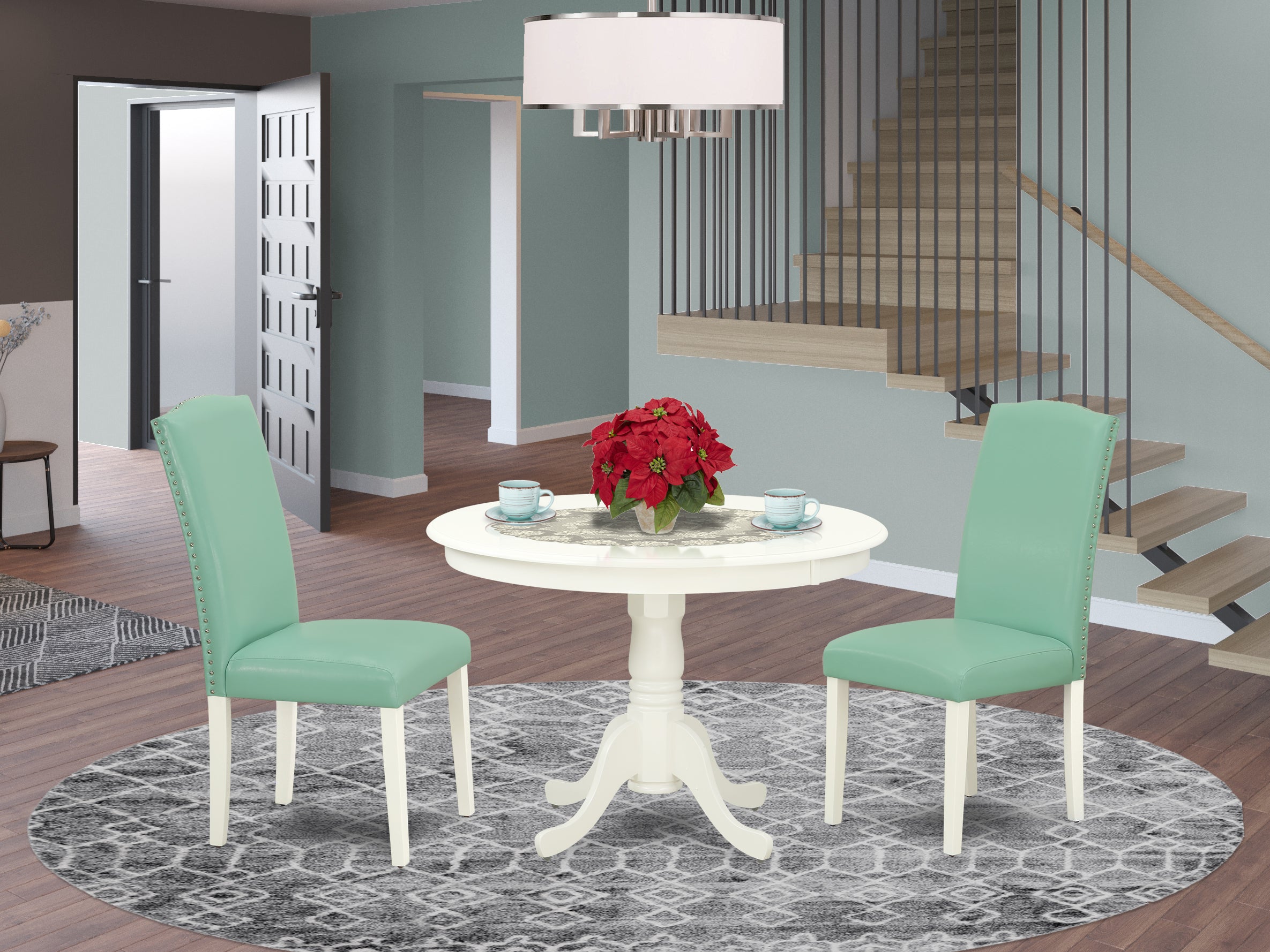 HLEN3-LWH-57 3Pc Round 42" Dining Table And Two Parson Chair With Linen White Leg And Pu Leather Color Pond