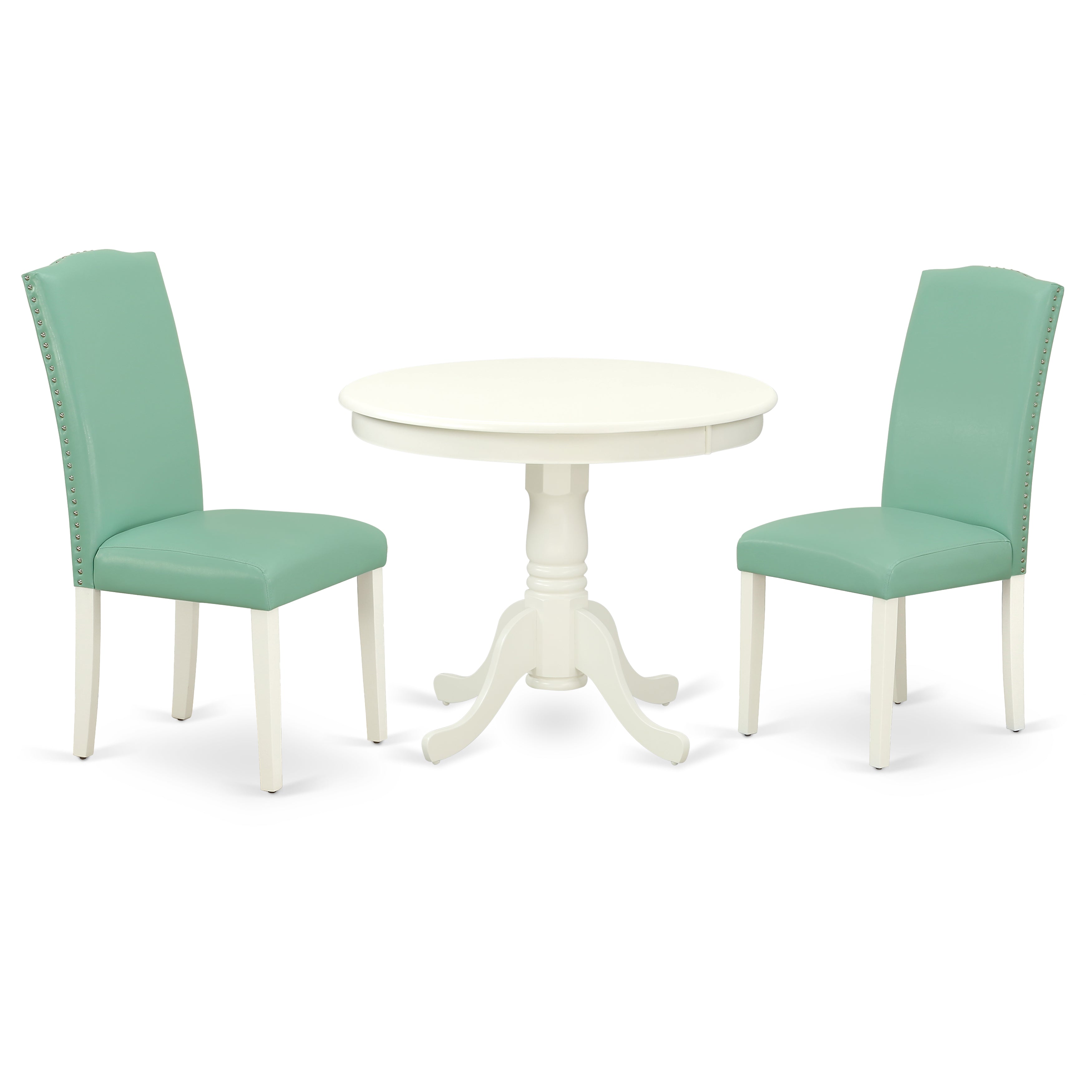 ANEN3-LWH-57 3Pc Rounded 36 Inch Dining Table And 2 Parson Chair With Linen White Leg And Pu Leather Color Pond