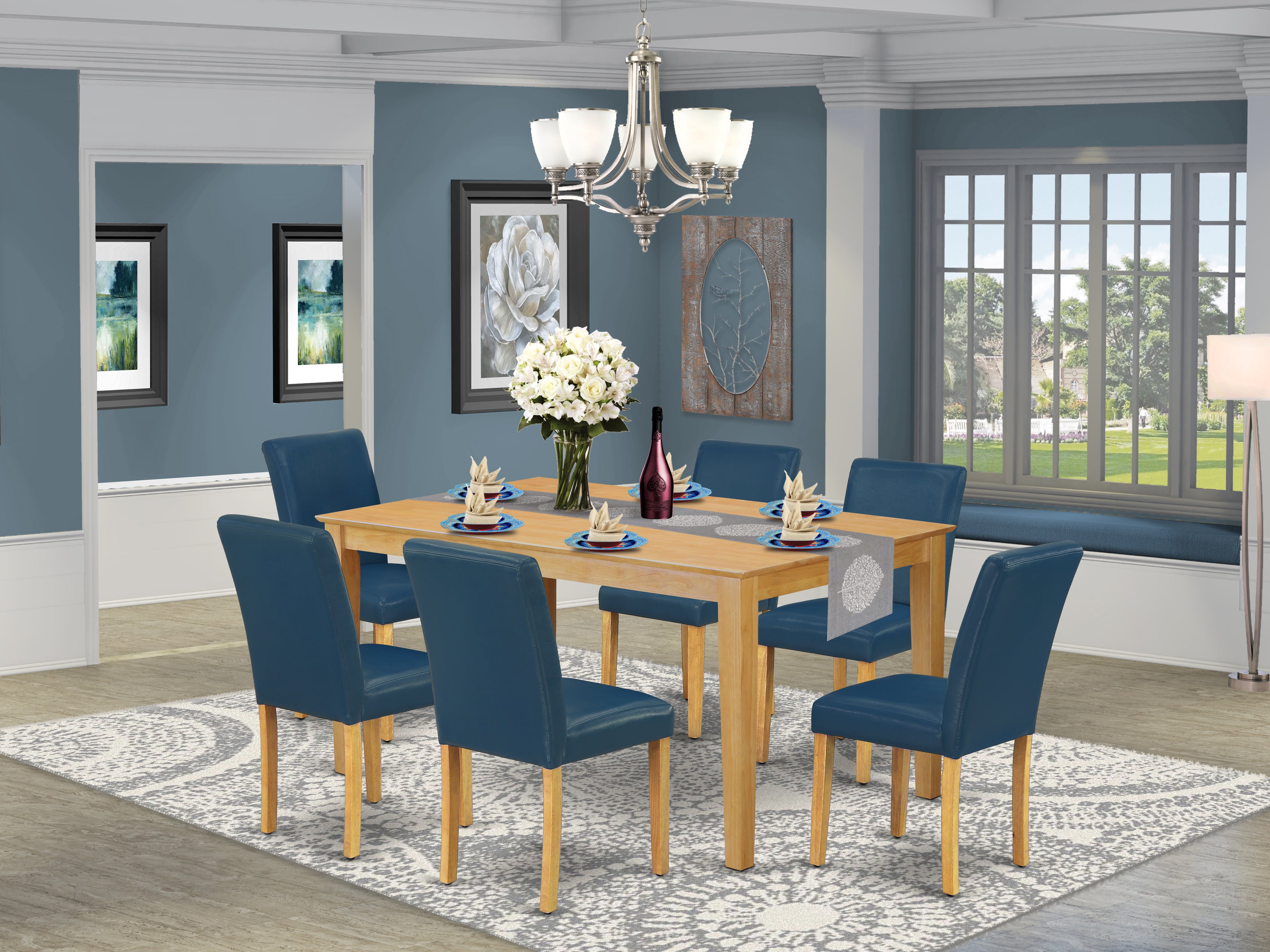 CAAB7-OAK-55 7Pc Rectangle 60" Dining Table And 6 Parson Chair With Oak Leg And Pu Leather Color Oasis