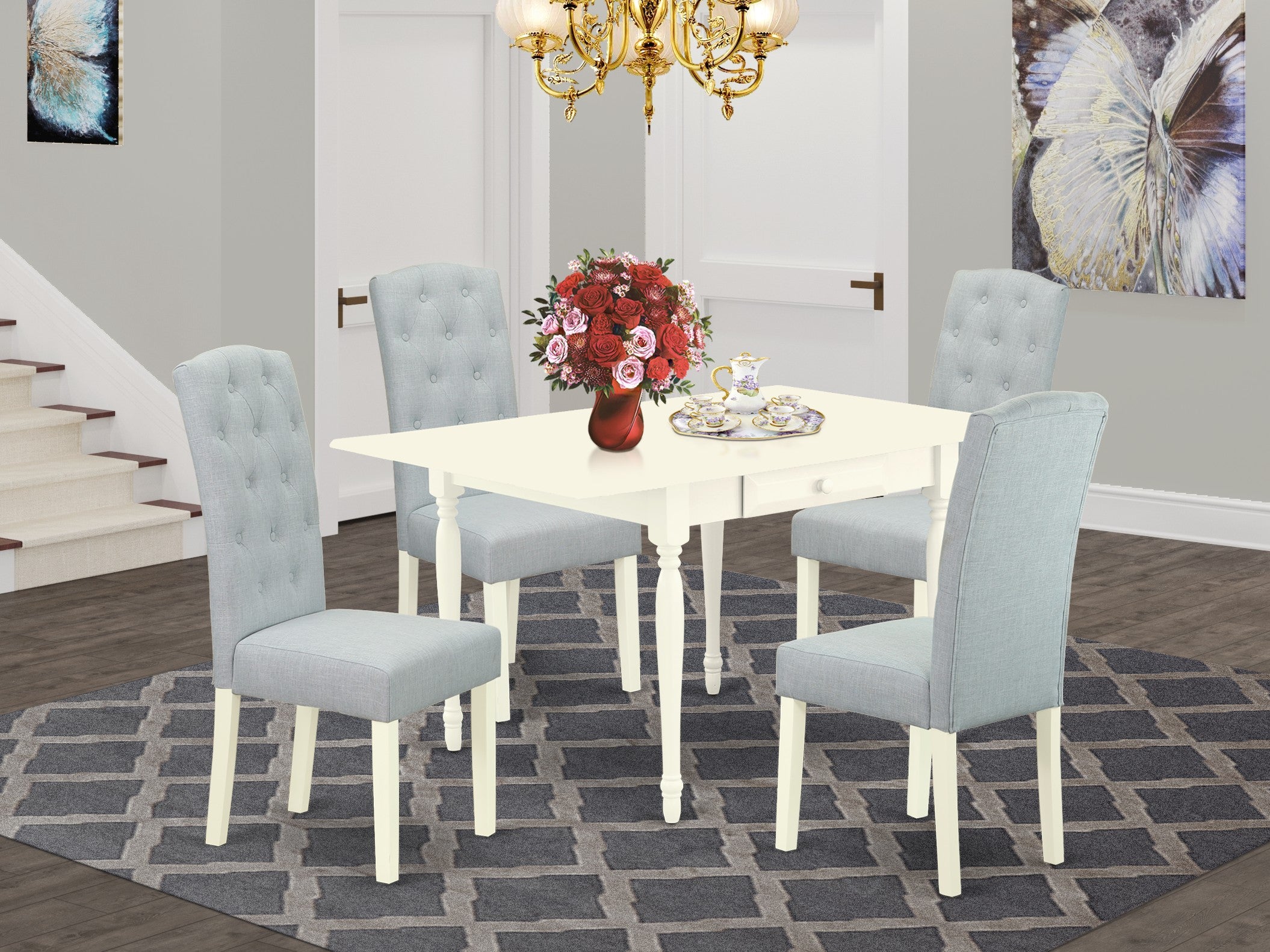 East West Furniture MZCE5-LWH-15 5Pc Dinette Sets for Small Spaces Includes a Small Kitchen Table and 4 Parson Chairs with Baby Blue Color Linen Fabric, Drop Leaf Table with Full Back Chairs, Linen White Finish