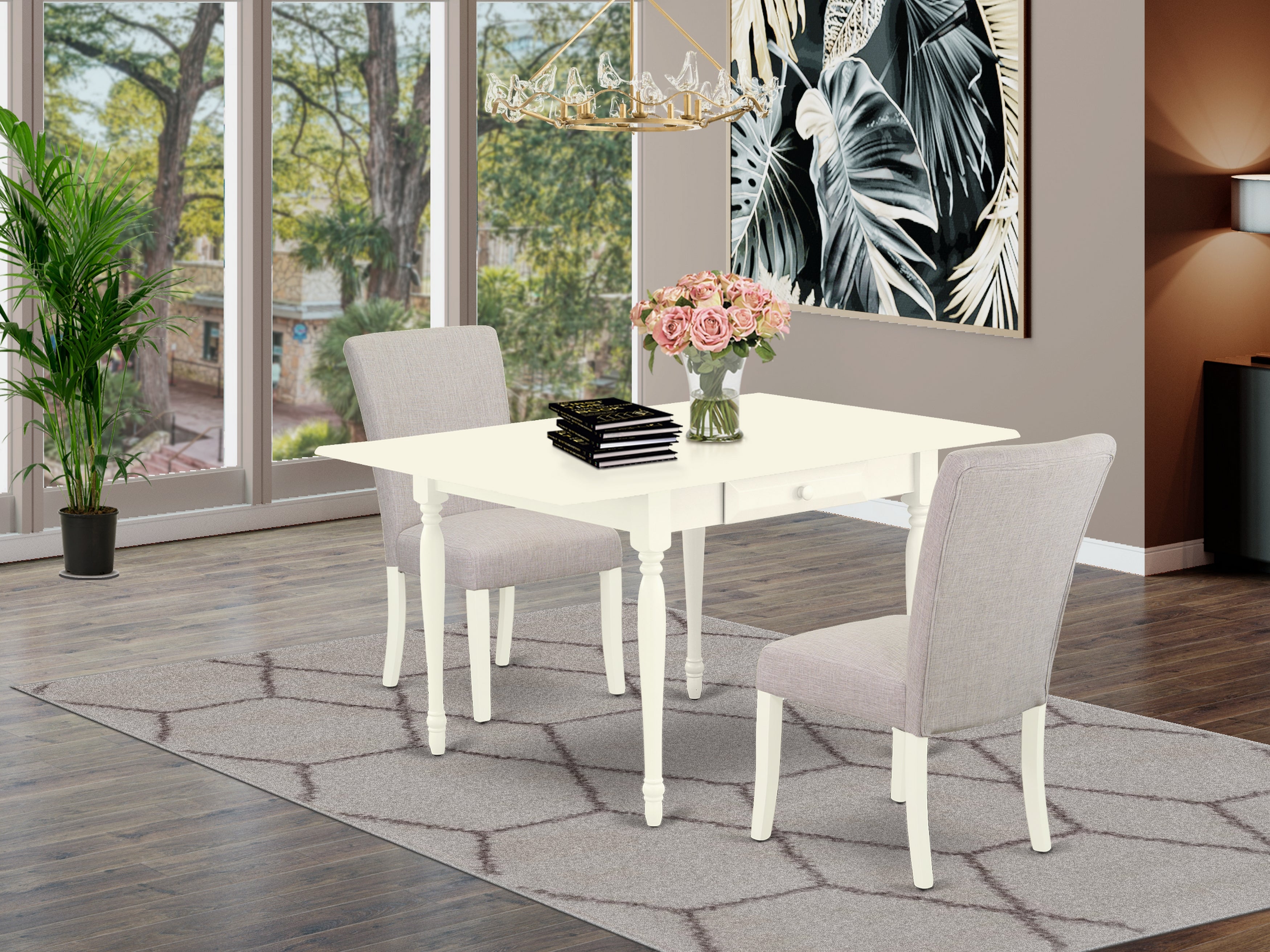 East West Furniture MZAL3-LWH-05 3Pc Dining Table Set Contains a Rectangular Table and 2 Parsons Dining Chairs with Doeskin Color Linen Fabric, Drop Leaf Table with Full Back Chairs, Linen White Finish