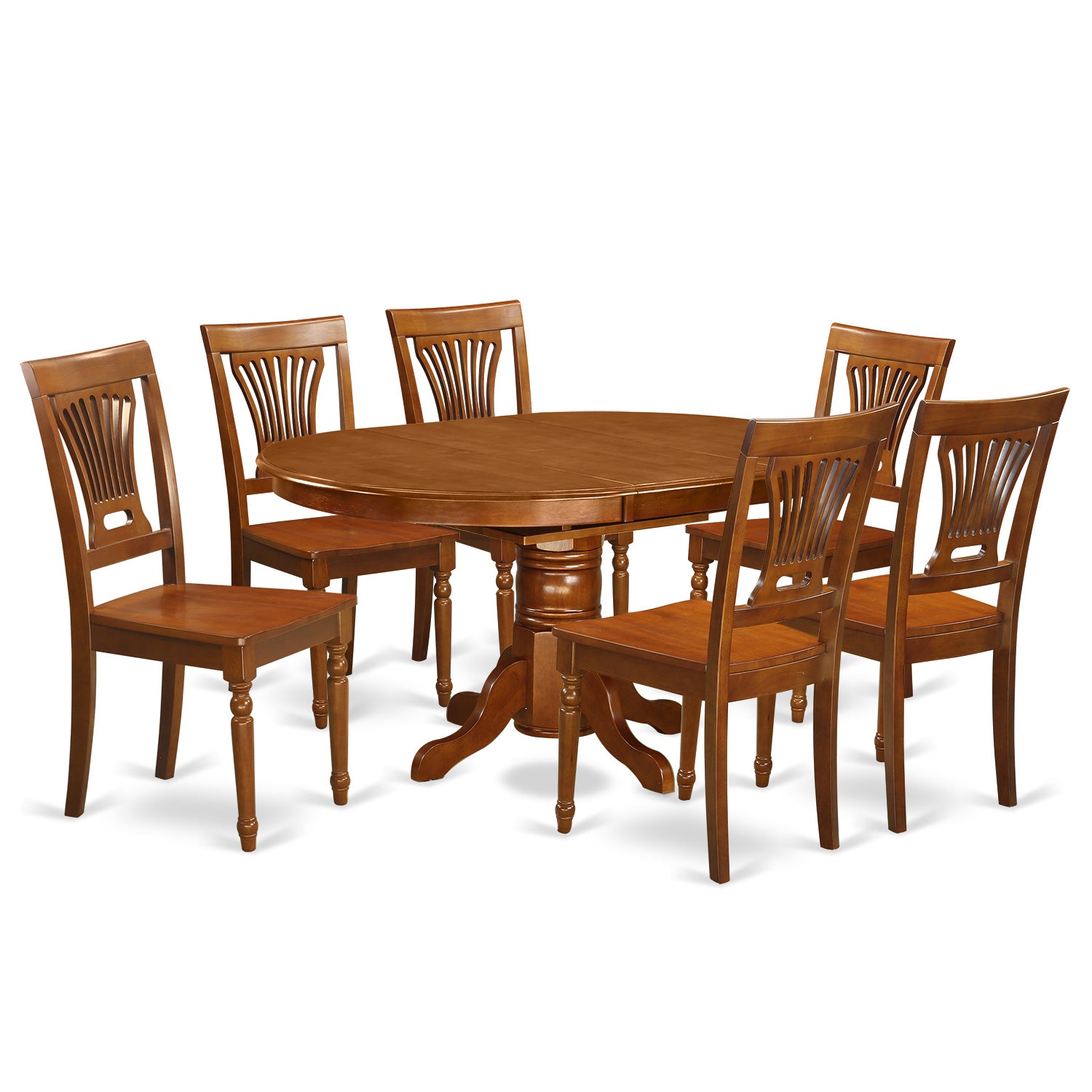 AVPL7-SBR-W 7 Pc Avon Dining Table with Leaf and 6hard wood Chairs in Saddle Brown .