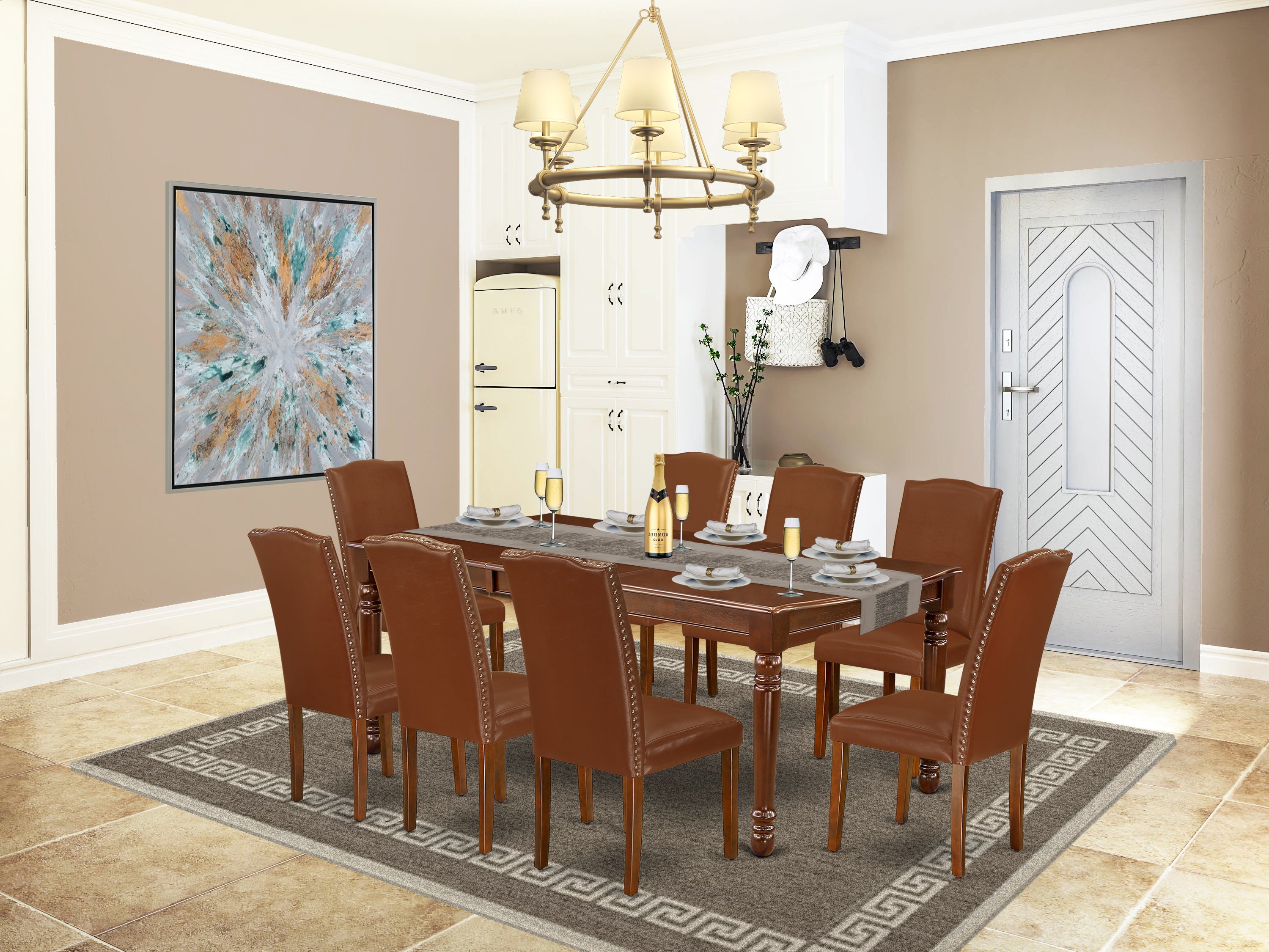 DOEN9-MAH-66 9Pc Rectangle 60/78 Inch Dining Table With 18 In Leaf And 8 Parson Chair With Mahogany Leg And Brown Flaux Leather