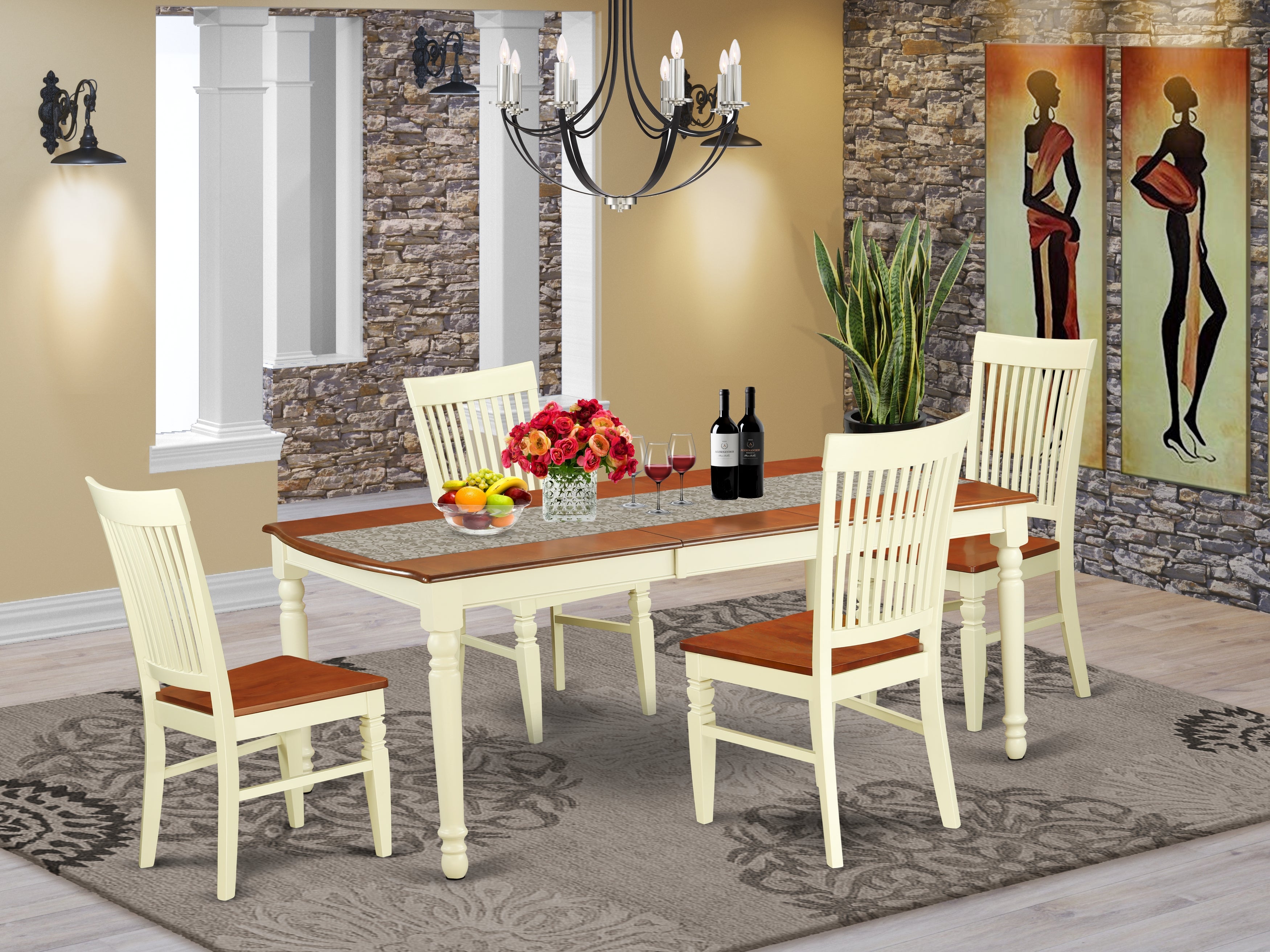 DOWE5-BMK-W 5 Pc Kitchen table set with a Kitchen Table and 4 Wood Seat Dining Chairs in Buttermilk and Cherry