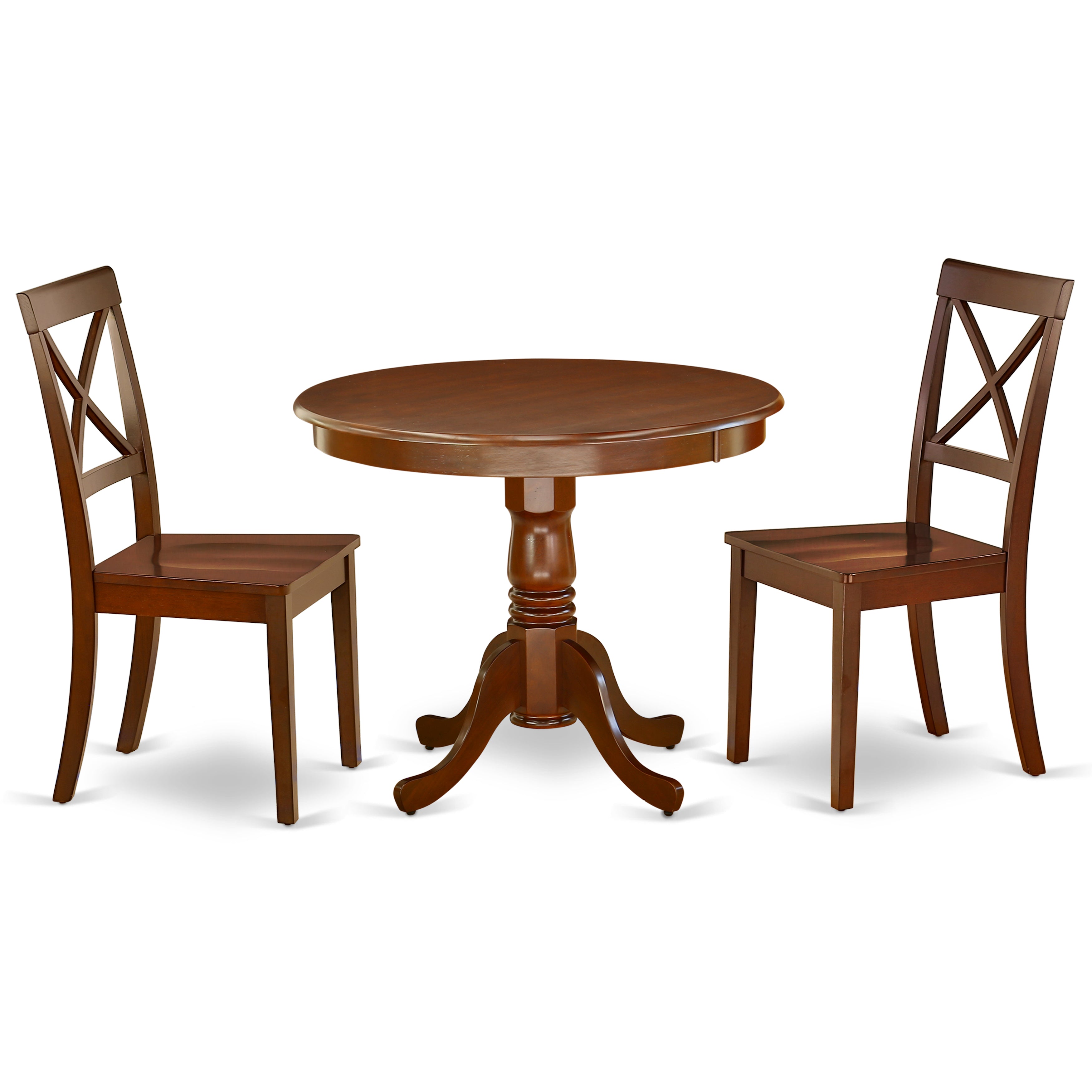 ANBO3-MAH-W 3Pc Round 36 Inch Dining Table And A Pair Of Wood Seat Kitchen Chairs