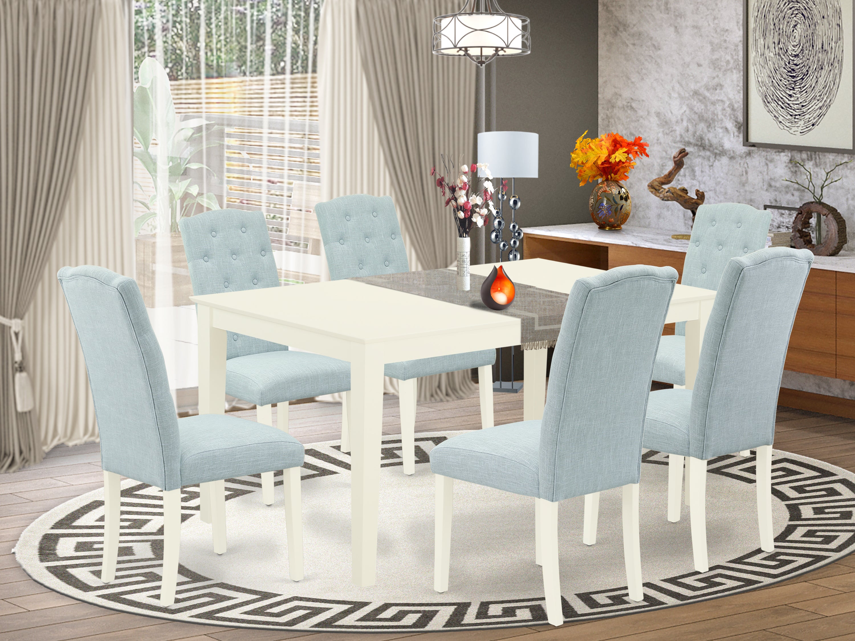 CACE7-LWH-15 7Pc Dinette Set Includes a Rectangular Kitchen Table and Six Parson Chairs with Baby Blue Fabric, Linen White Finish