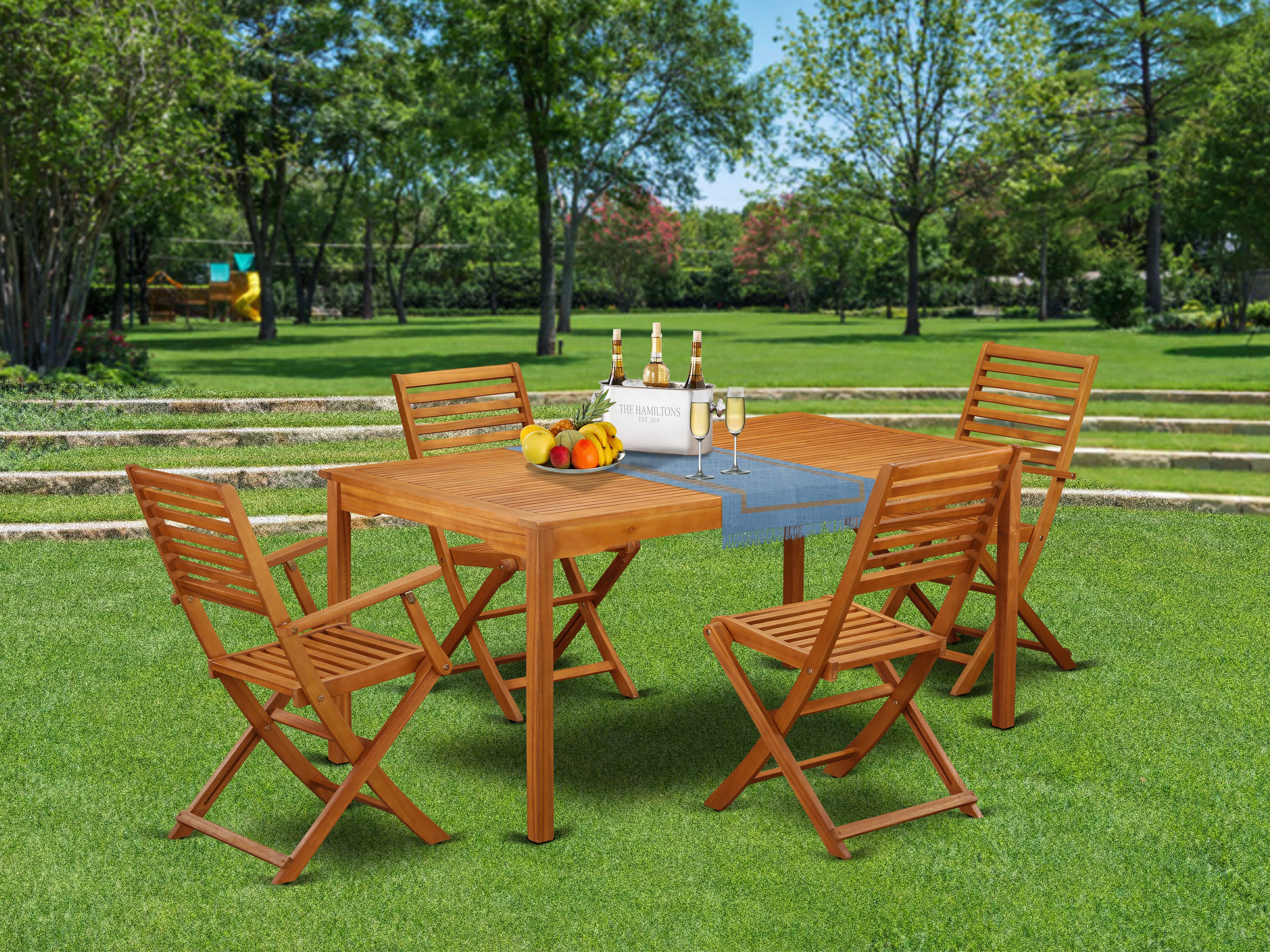 CMBS52CANA This 5 Piece Acacia Backyard Sets includes one Outdoor-Furniture table and Two side foldable chairs plus 2 arm foldable Outdoor-Furniture chairs