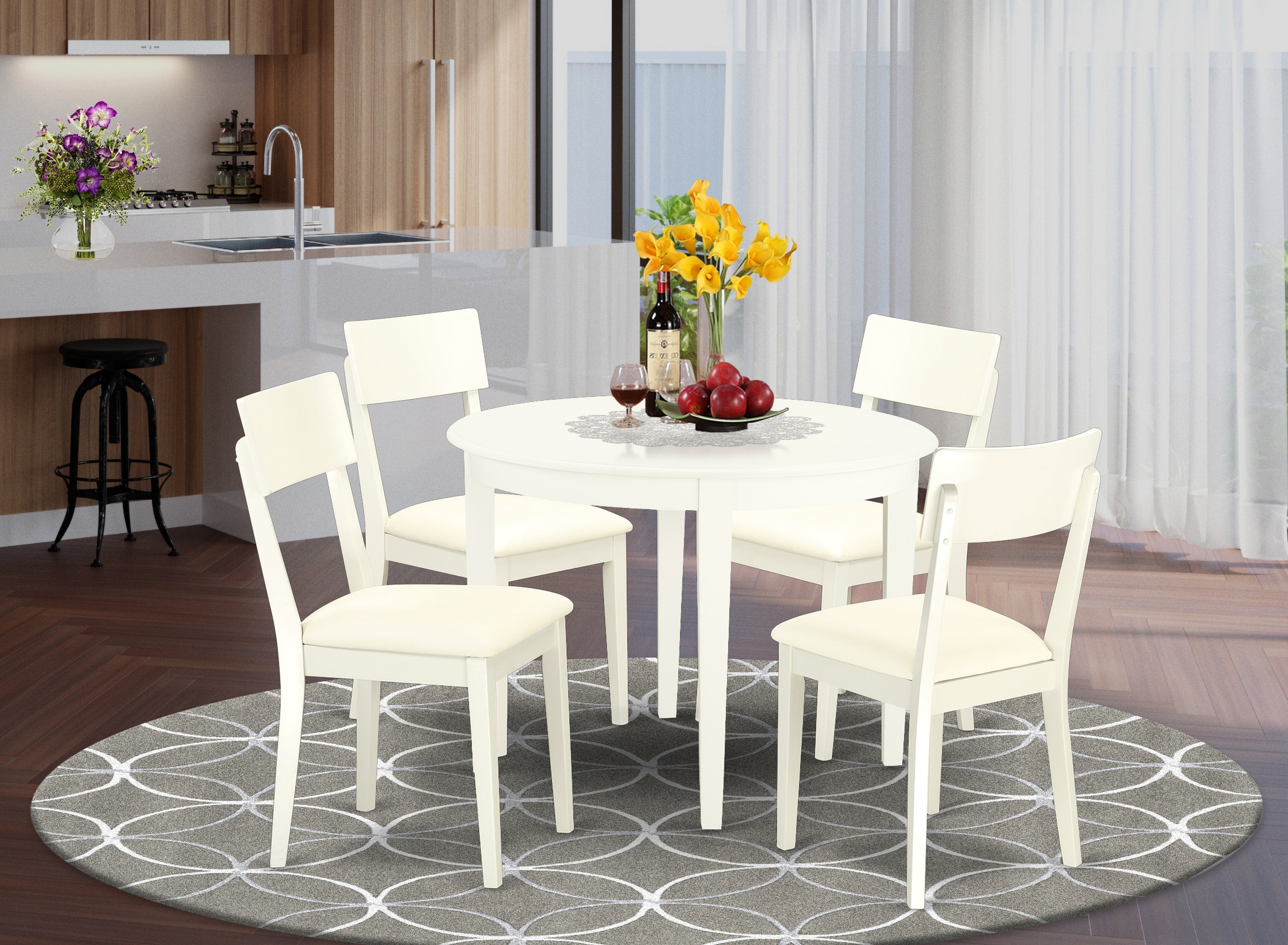 BOAD5-WHI-LC 5 Pc Kitchen table set with a Dining Table and 4 Faux Leather Seat Kitchen Chairs in Linen White