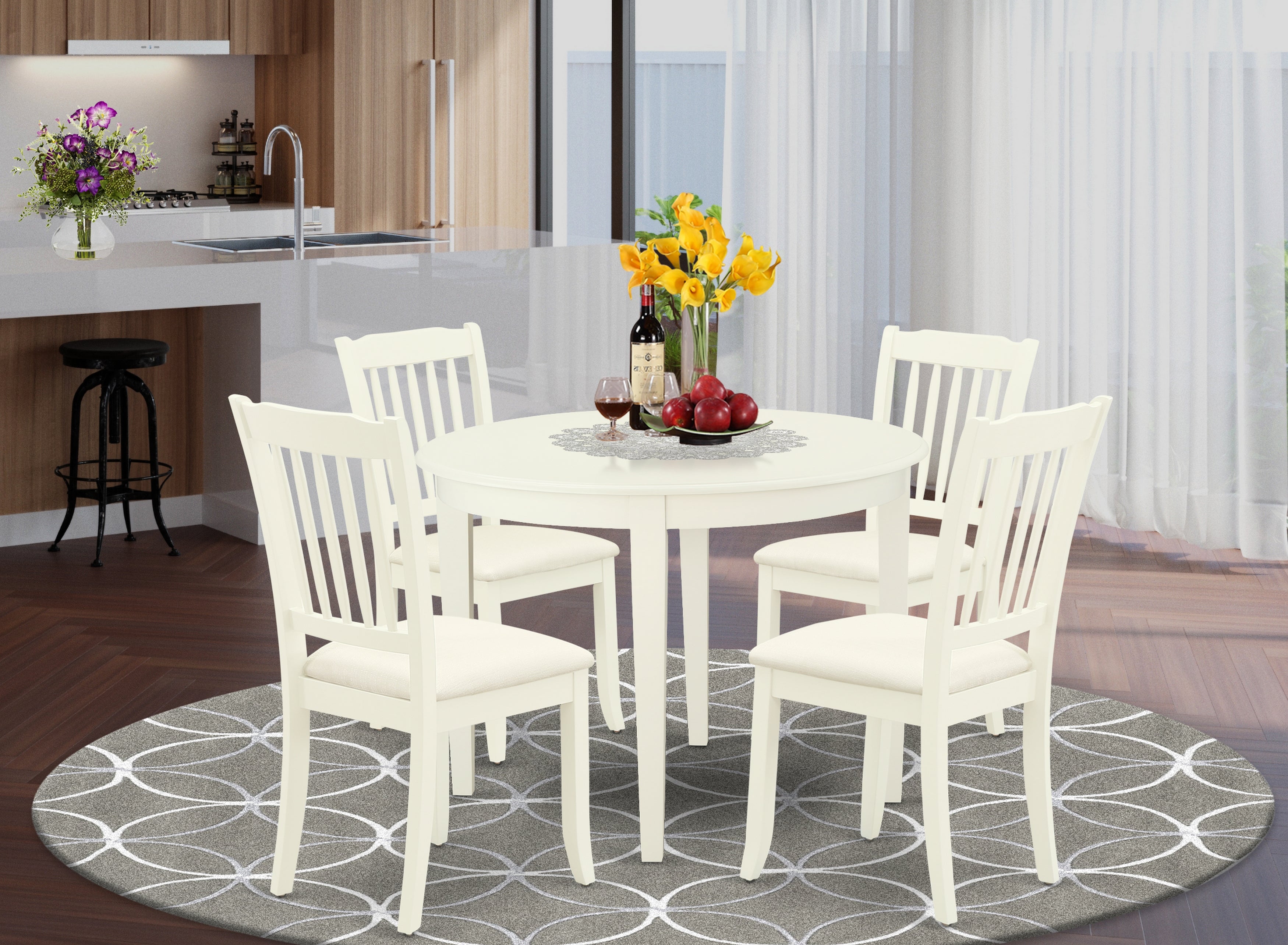 BODA5-WHI-C 5Pc Dining Set Includes a Round Dinette Table and Four Vertical Slatted Microfiber Seat Kitchen Chairs, White Finish