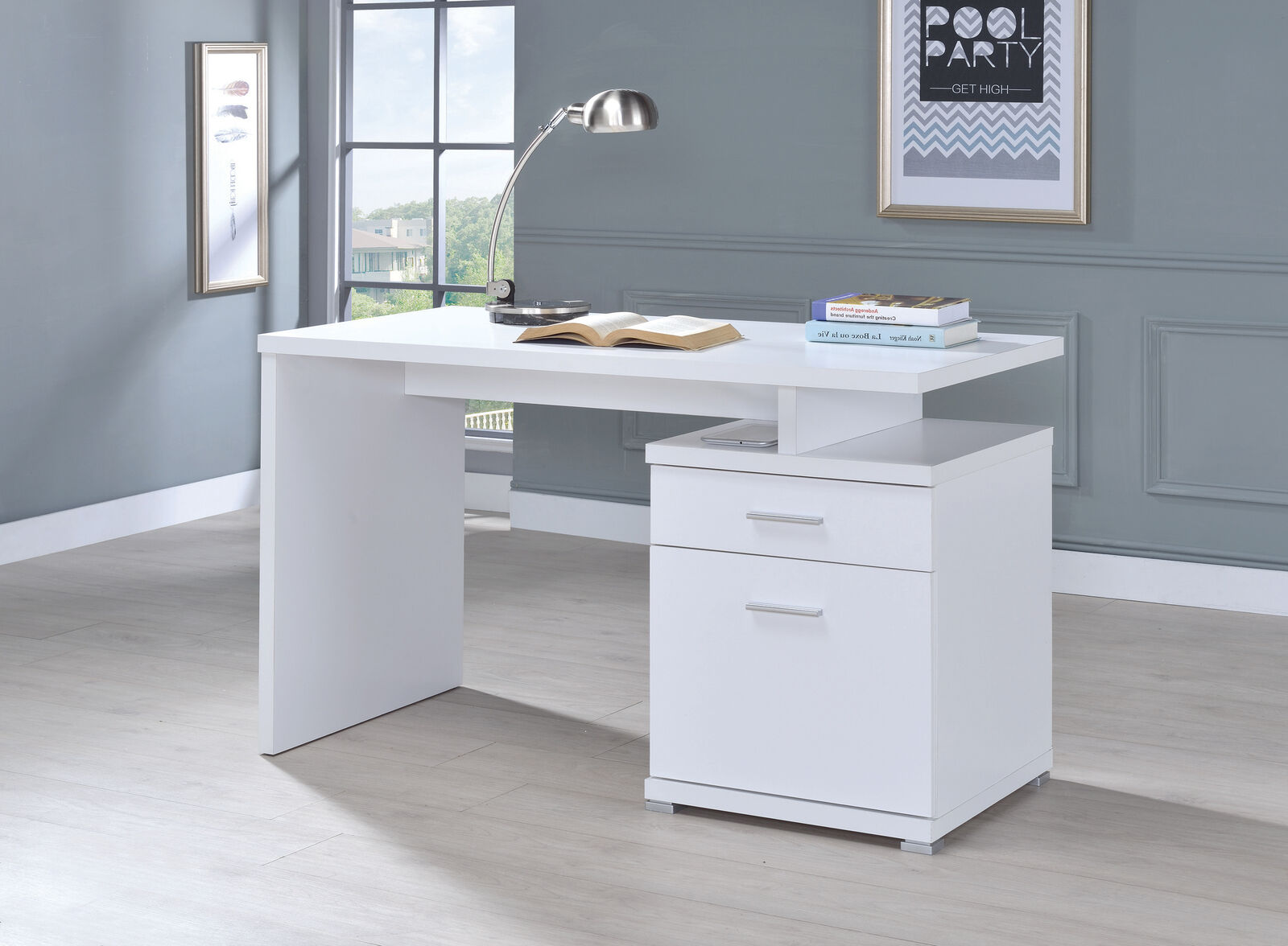 Modern Irving 2-Drawer Reversible Home Office Desk With Cabinet White