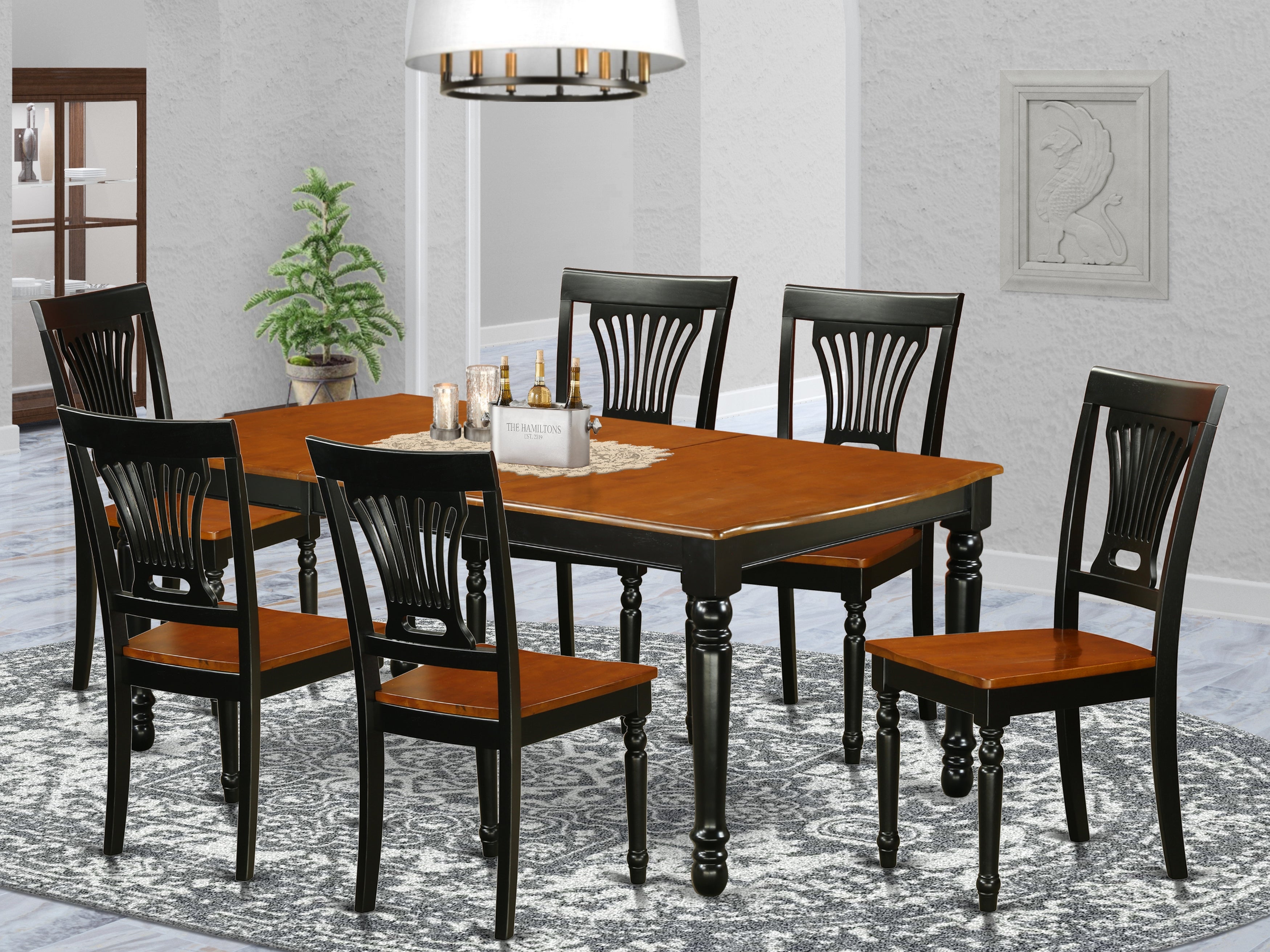 DOPL7-BCH-W 7-Piece table and chair set with one Dover dining room table and 6 dining room chairs in a Black and Cherry Finish