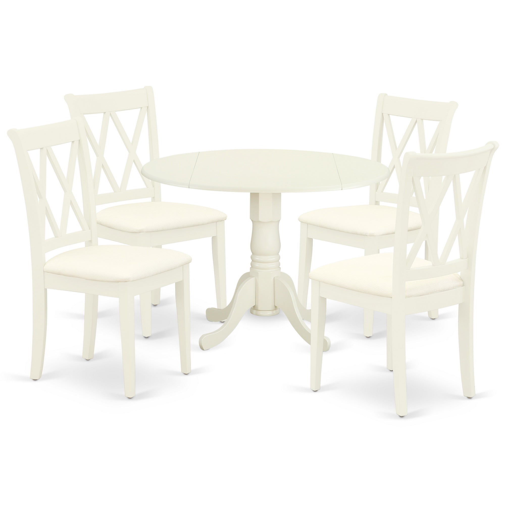 DLCL5-WHI-C 5Pc Dining Set Includes a Round Dinette Table with Drop Leaves and Four Double X Back Microfiber Seat Kitchen Chairs, White Finish