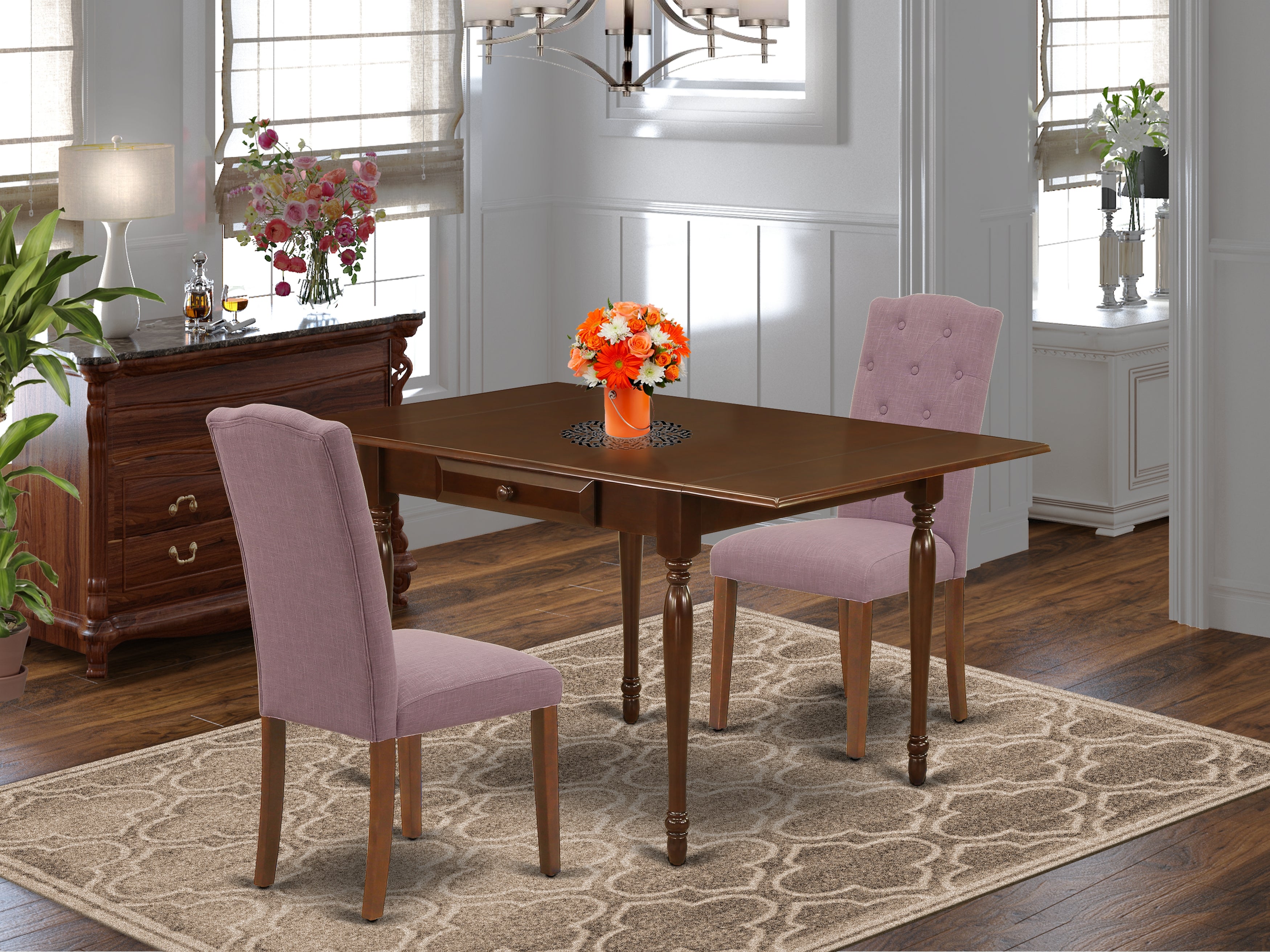 East West Furniture MZCE3-MAH-10 3Pc Dining Room Table Set Offers a Modern Dining Table and 2 Parsons Dining Chairs with Dahlia Color Linen Fabric, Drop Leaf Table with Full Back Chairs, Mahogany Finish