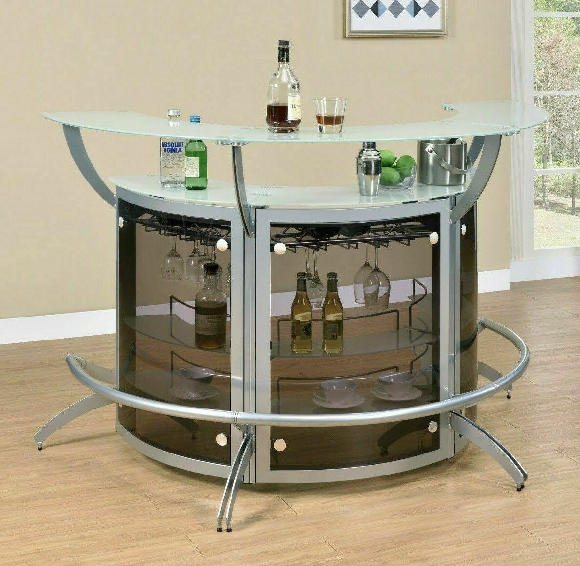 Modern Contemporary Silver 2-Shelf Curved Bar Wine Cabinet Table W Frosted Glass