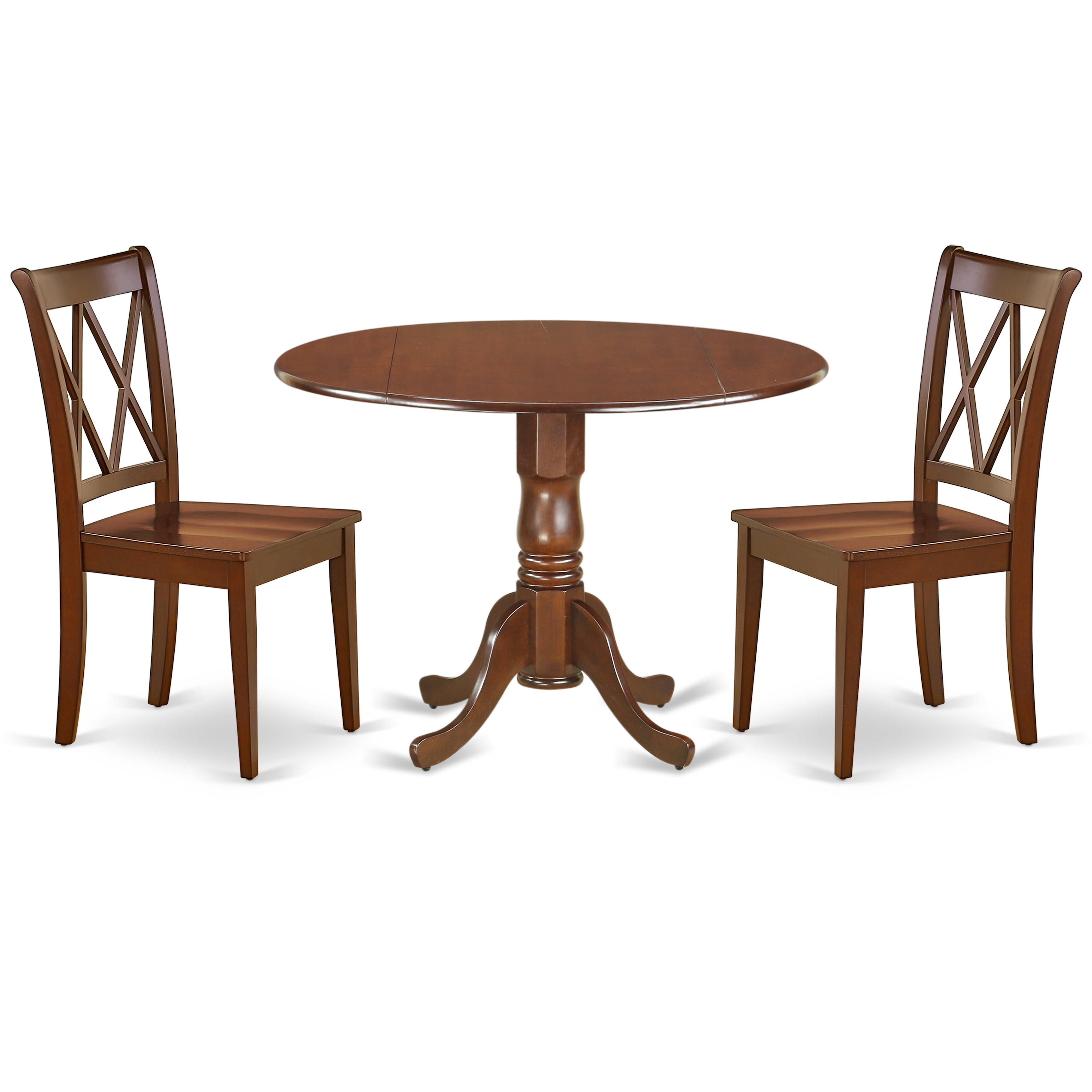 DLCL3-MAH-W 3PC Round 42 inch Table with Two 9-Inch Drop Leaves and 2 Double X back Chairs