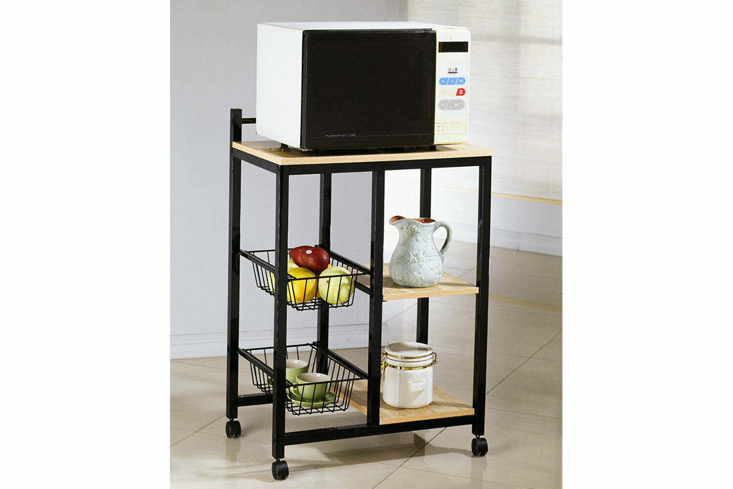 Casual Black Serving Microwave Kitchen Cart With Baskets On Wheels