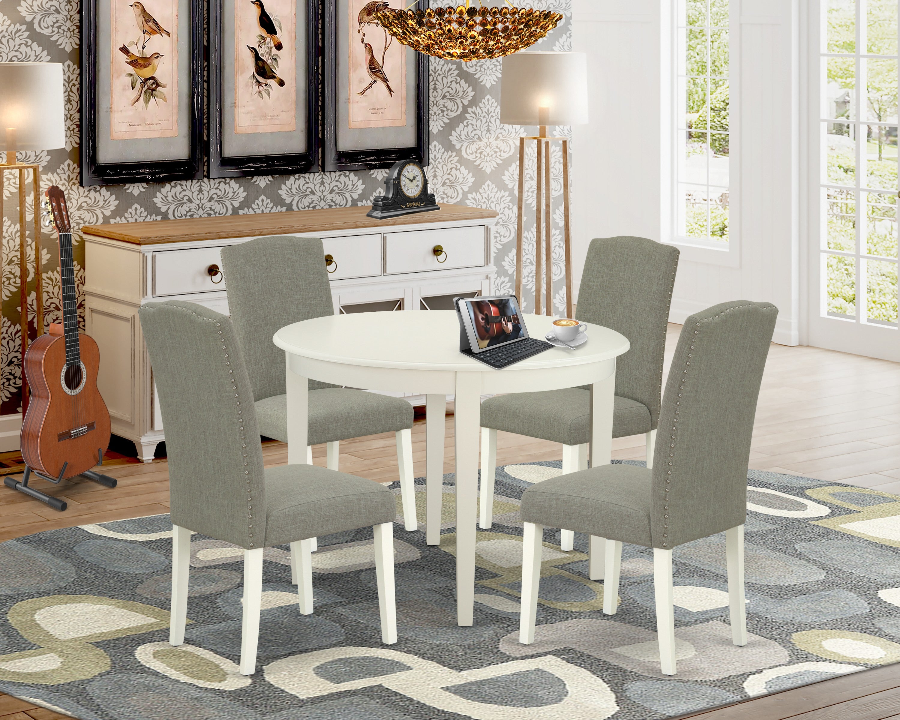BOEN5-LWH-06 5Pc Round 42" Kitchen Table And Four Parson Chair With Linen White Leg And Linen Fabric Dark Shitake