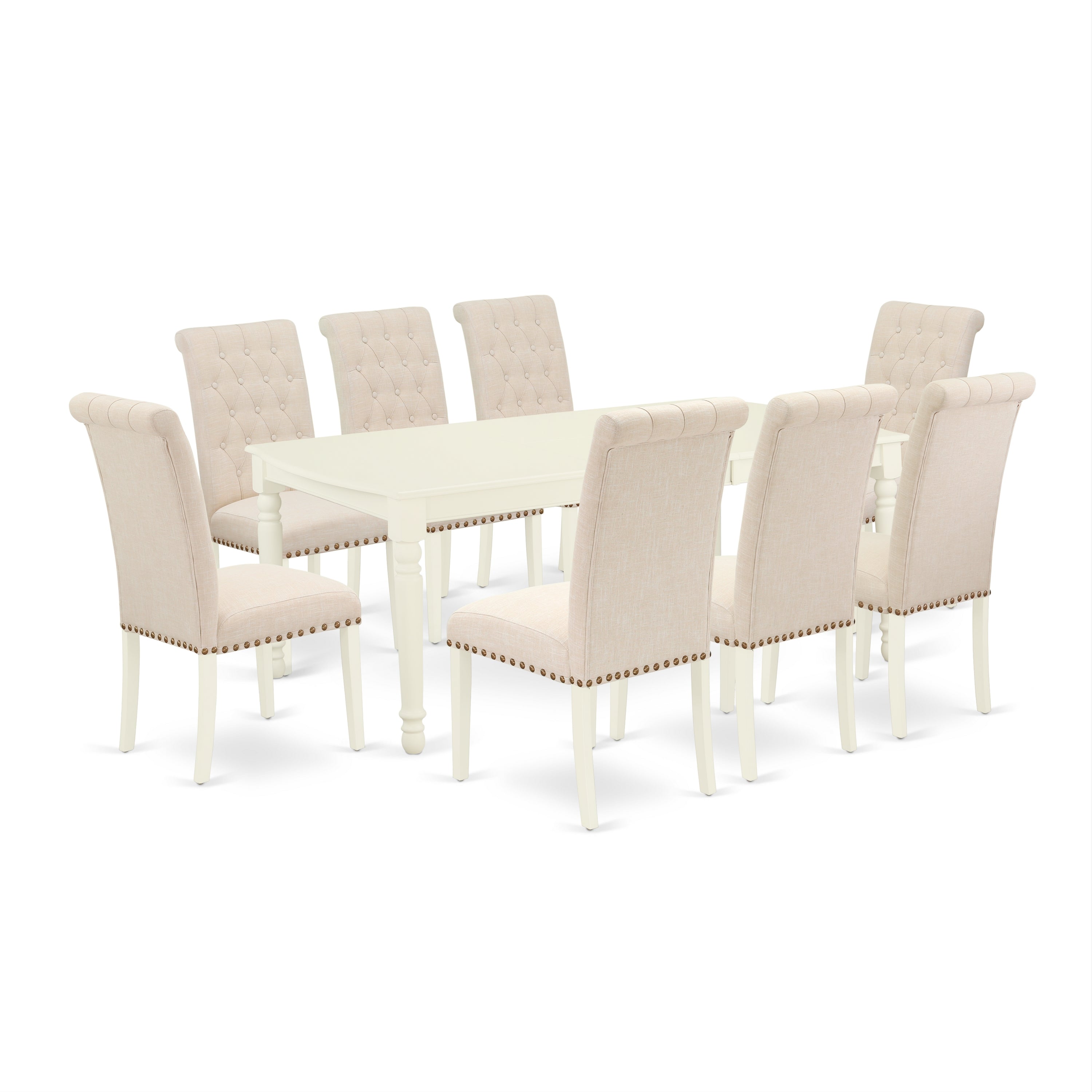 DOBR9-LWH-02 9Pc Dining Set Includes a Rectangle Dinette Table with Butterfly Leaf and Eight Parson Chairs with Light Beige Fabric, Linen White Finish