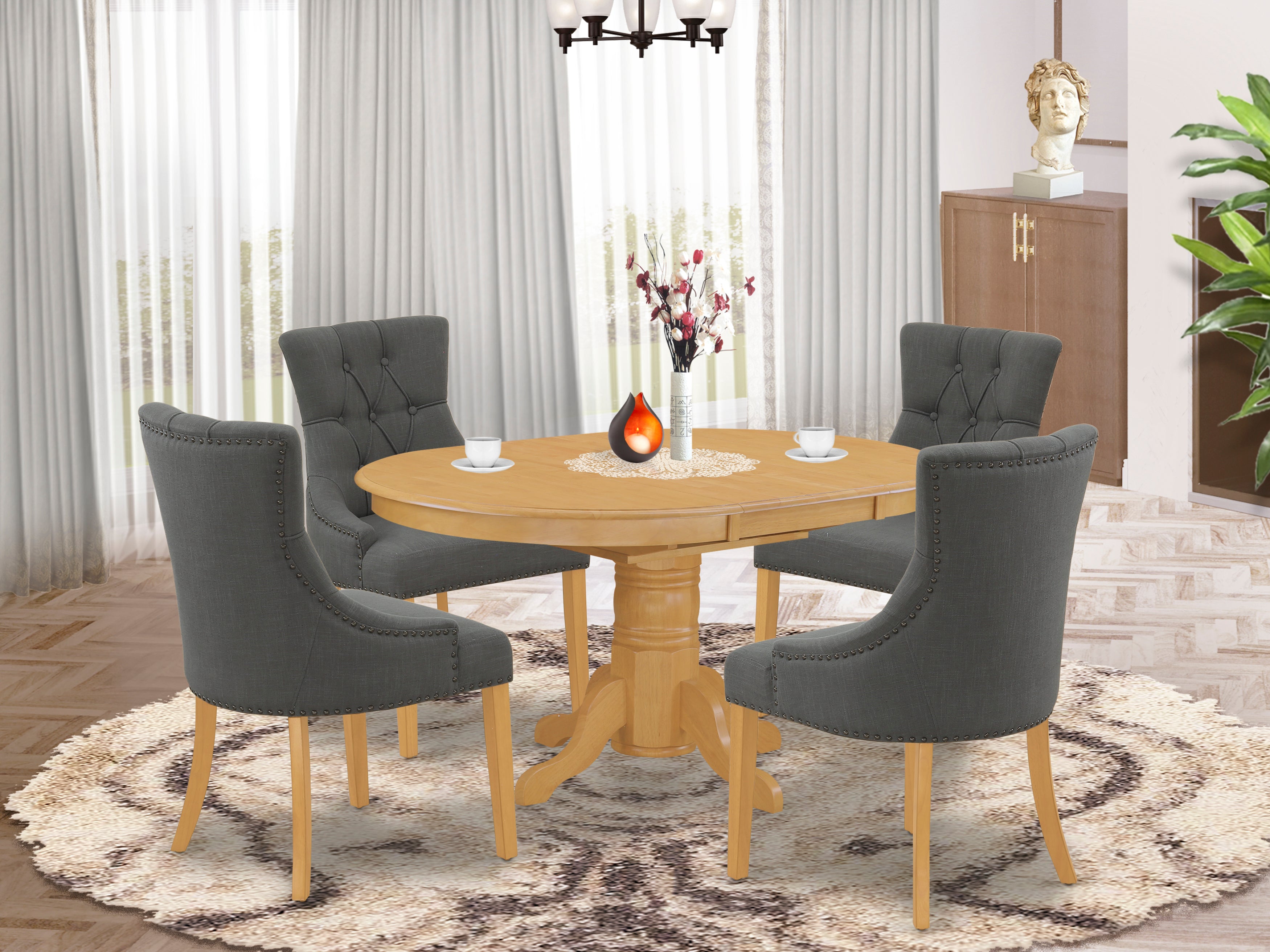 AVFR5-OAK-20 5Pc Dining Set Includes an Oval Dinette Table with Butterfly Leaf and Four Parson Chairs with Dark Gotham Grey Fabric, Oak Finish