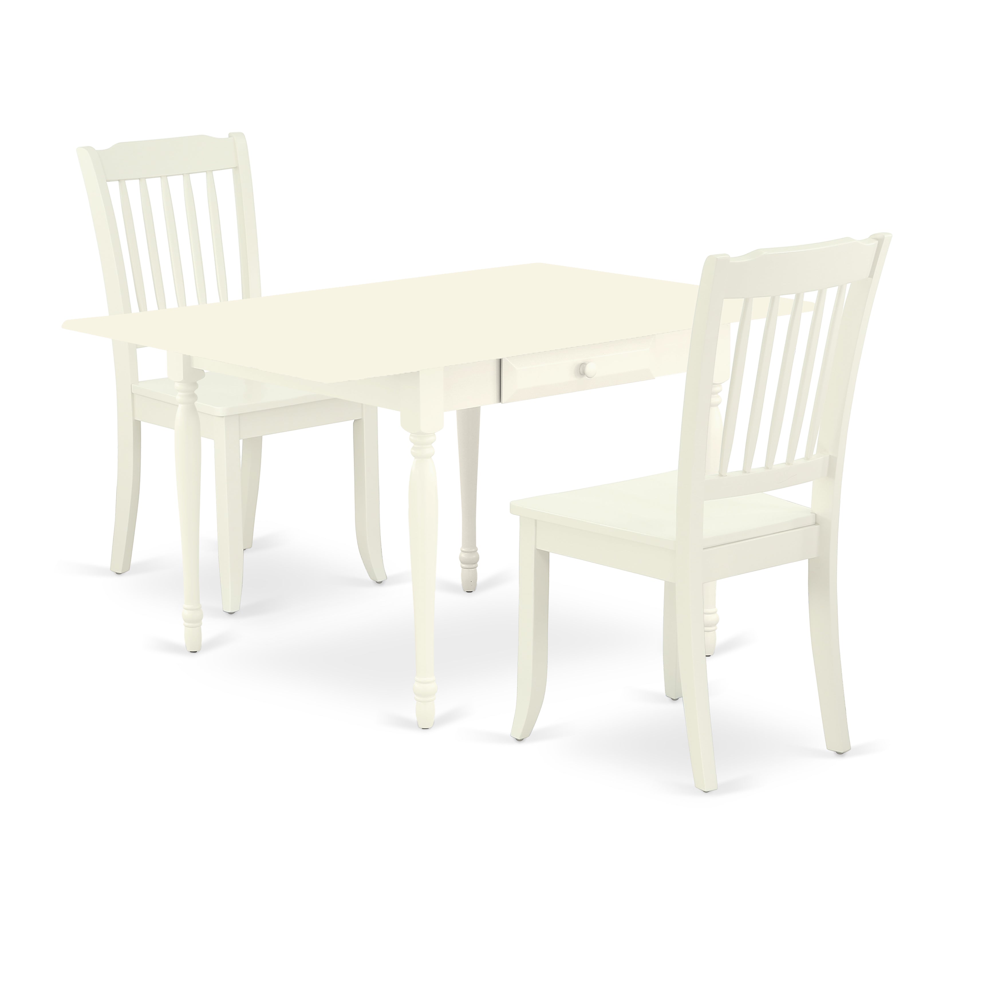East West Furniture MZDA3-LWH-W 3Pc Dining Table Set for 2 Offers a Rectangle Table and 2 Dining Chairs with Solid Wood Seat, Drop Leaf Table with Slat Back Chairs, Linen White Finish